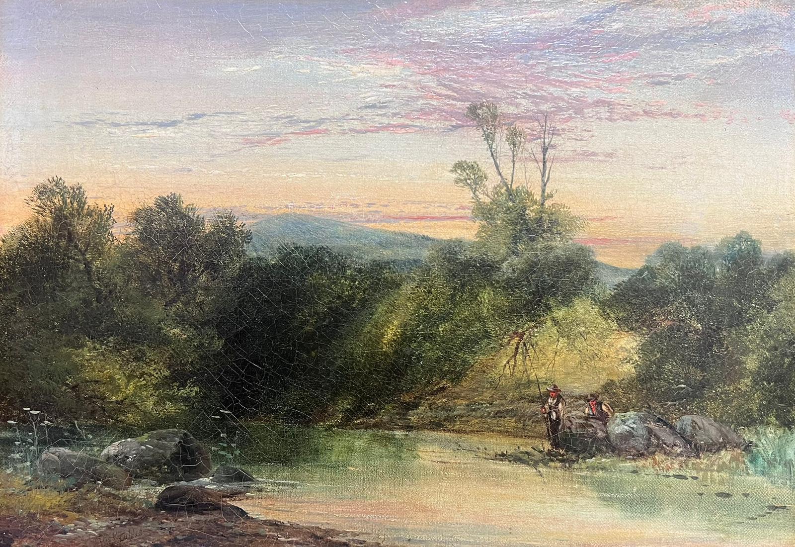 Peinture à l'huile anglaise du milieu du 19e siècle Paysage de rivière avec pêcheurs au coucher du soleil