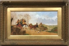 Victorian Oil Painting in Gilt Frame Coach & Horses Startled by Hounds & Hunt