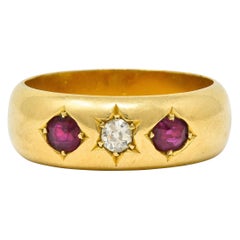 Antique British Victorian Ruby Diamond 18 Karat Gold Gypsy Band Ring