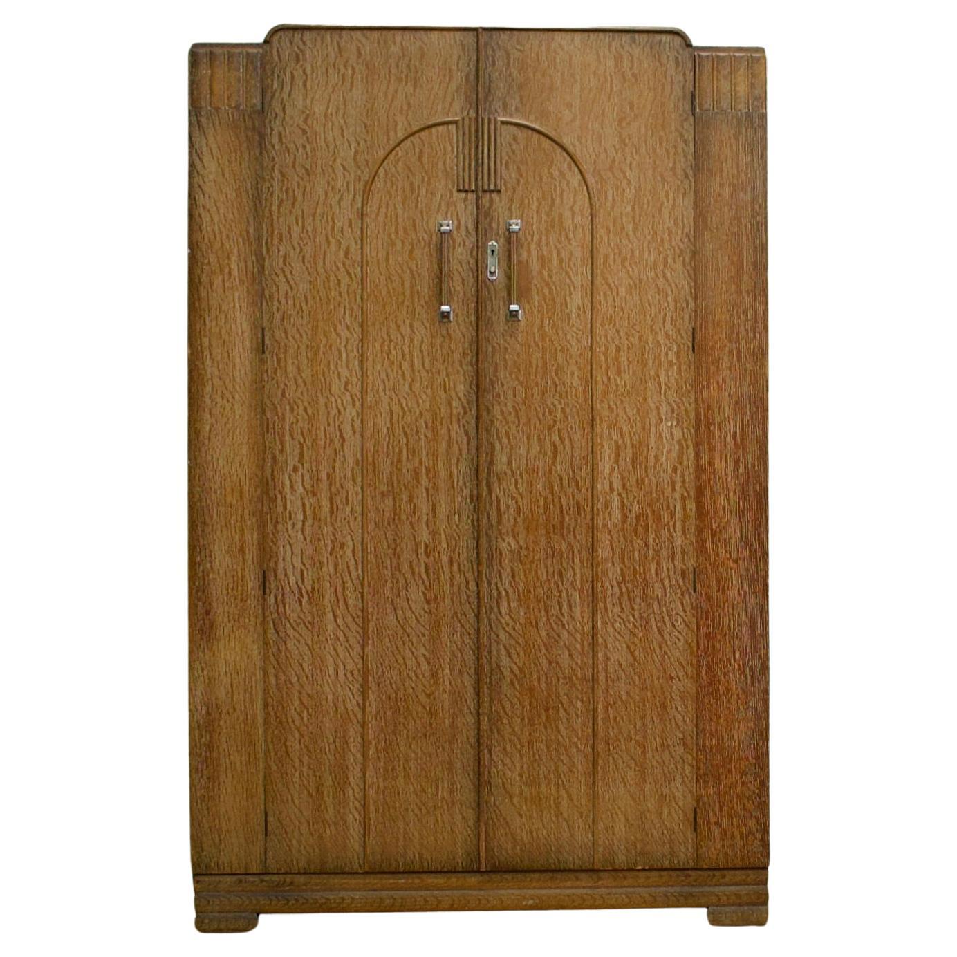 British Vintage Art Deco Limed Oak Wardrobe from Maple and Co, 1930s For Sale