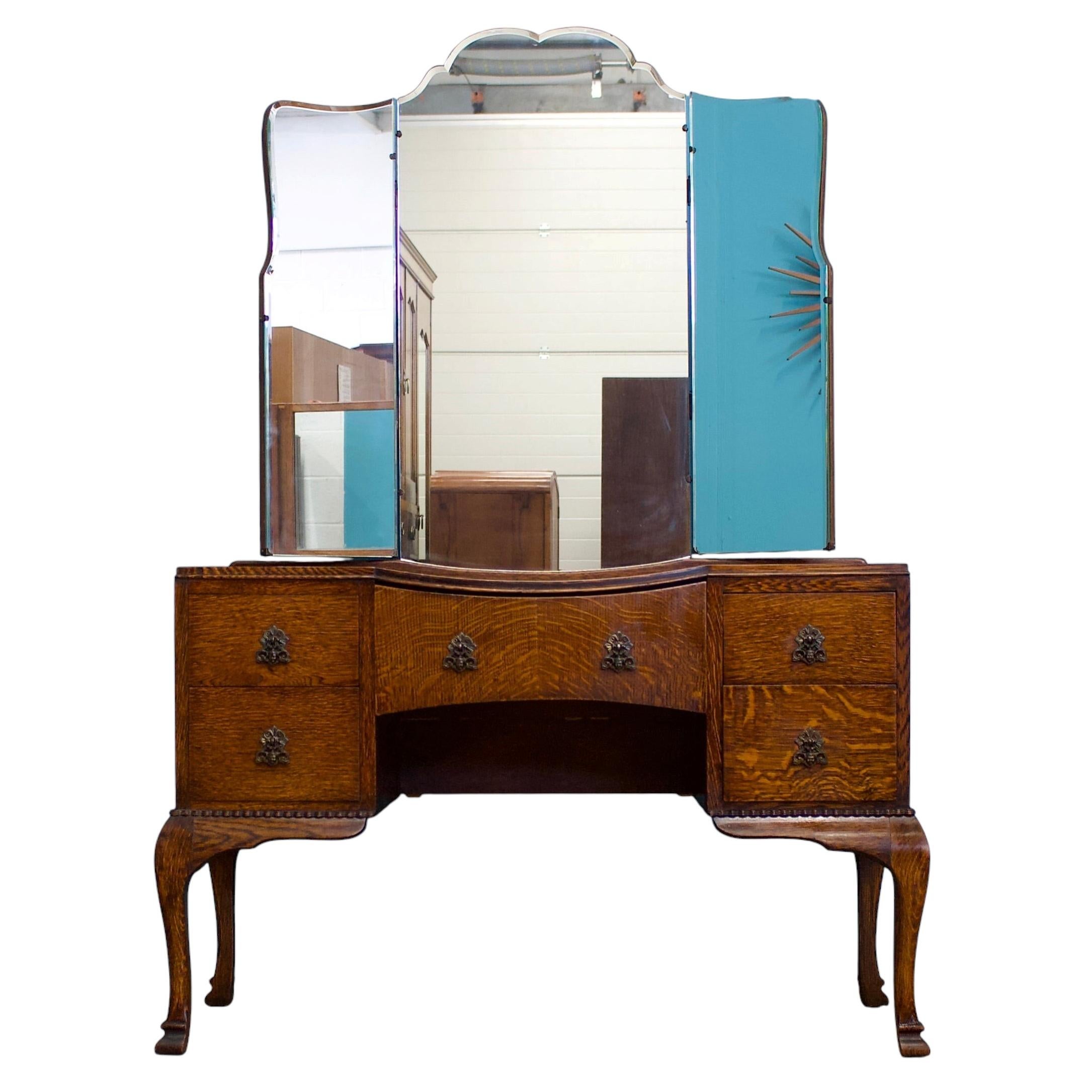 British Vintage Art Deco Oak Dressing Table, 1930s