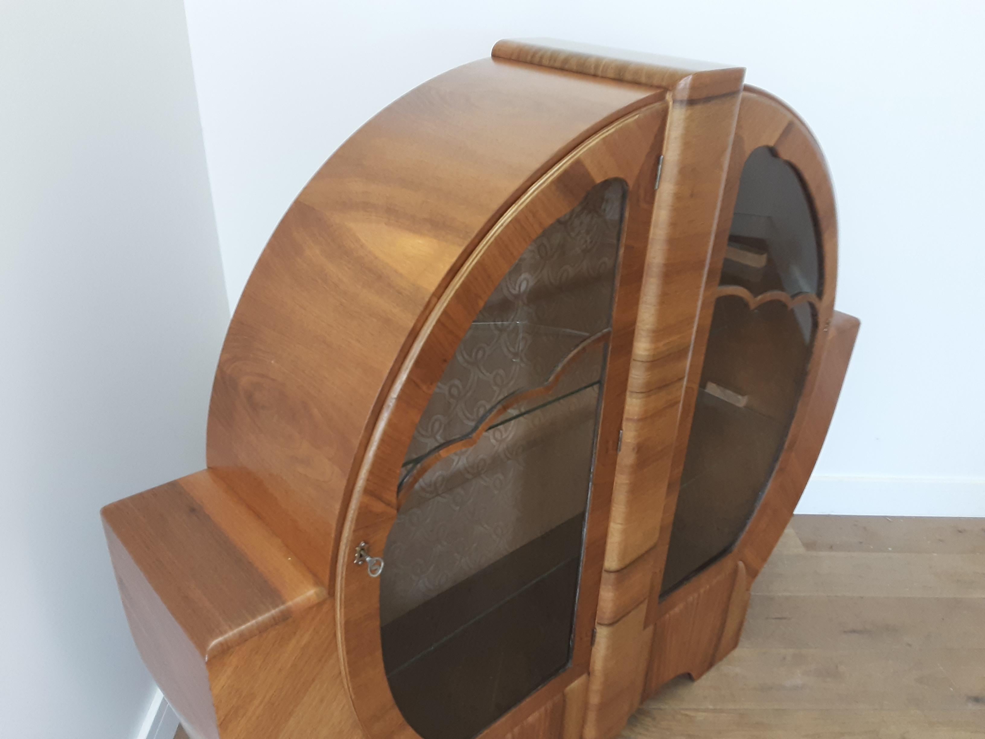 20th Century British Walnut Art Deco Circular Display Cabinet with Cloud Design For Sale