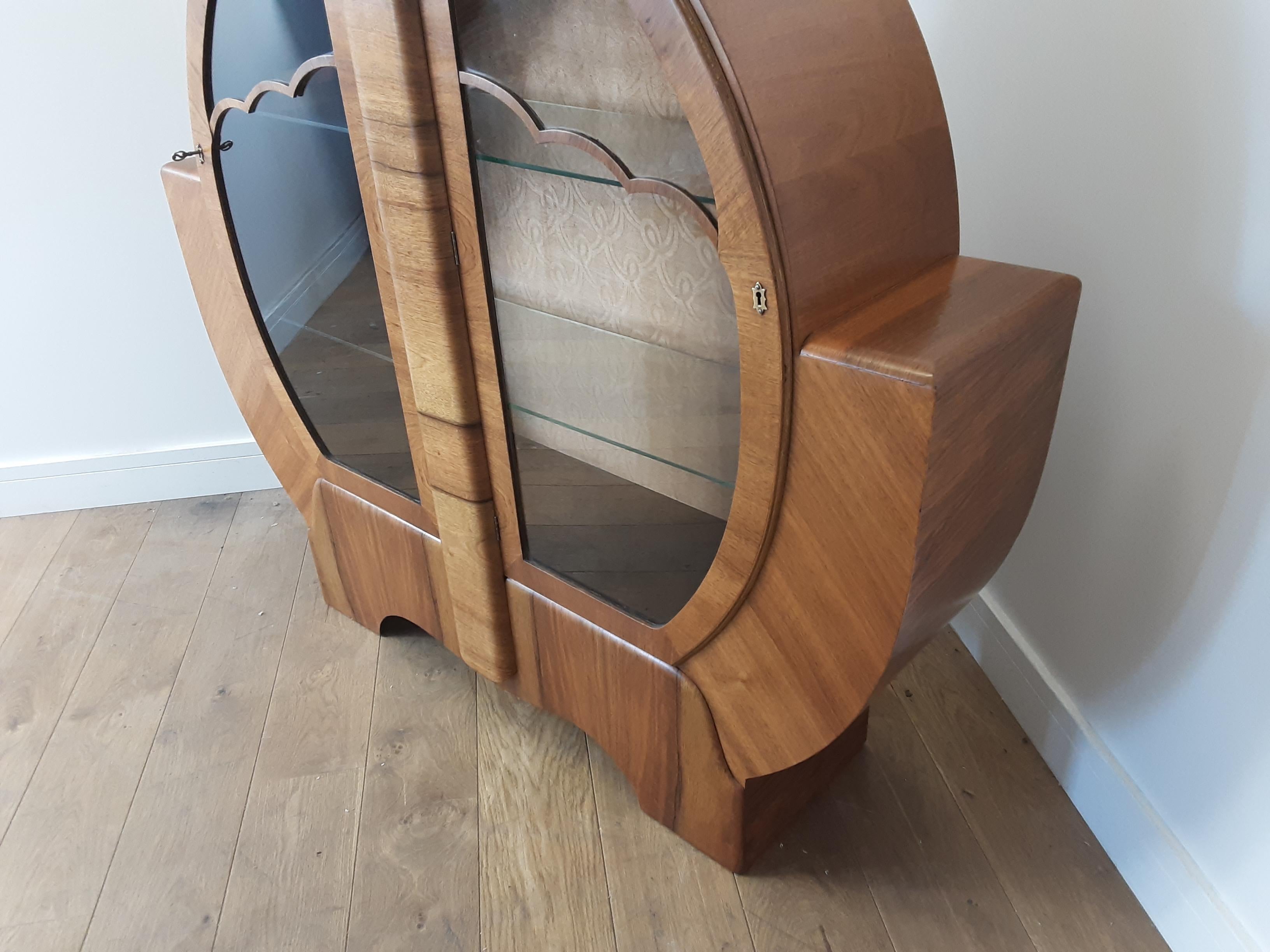 British Walnut Art Deco Circular Display Cabinet with Cloud Design For Sale 1