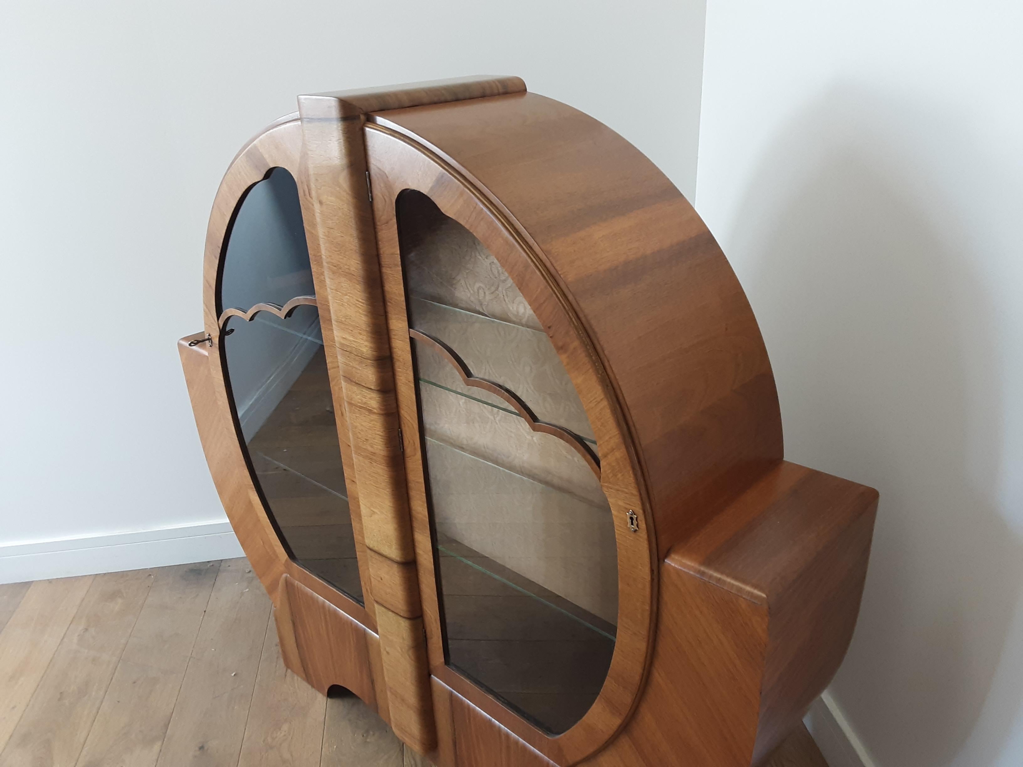 British Walnut Art Deco Circular Display Cabinet with Cloud Design For Sale 2