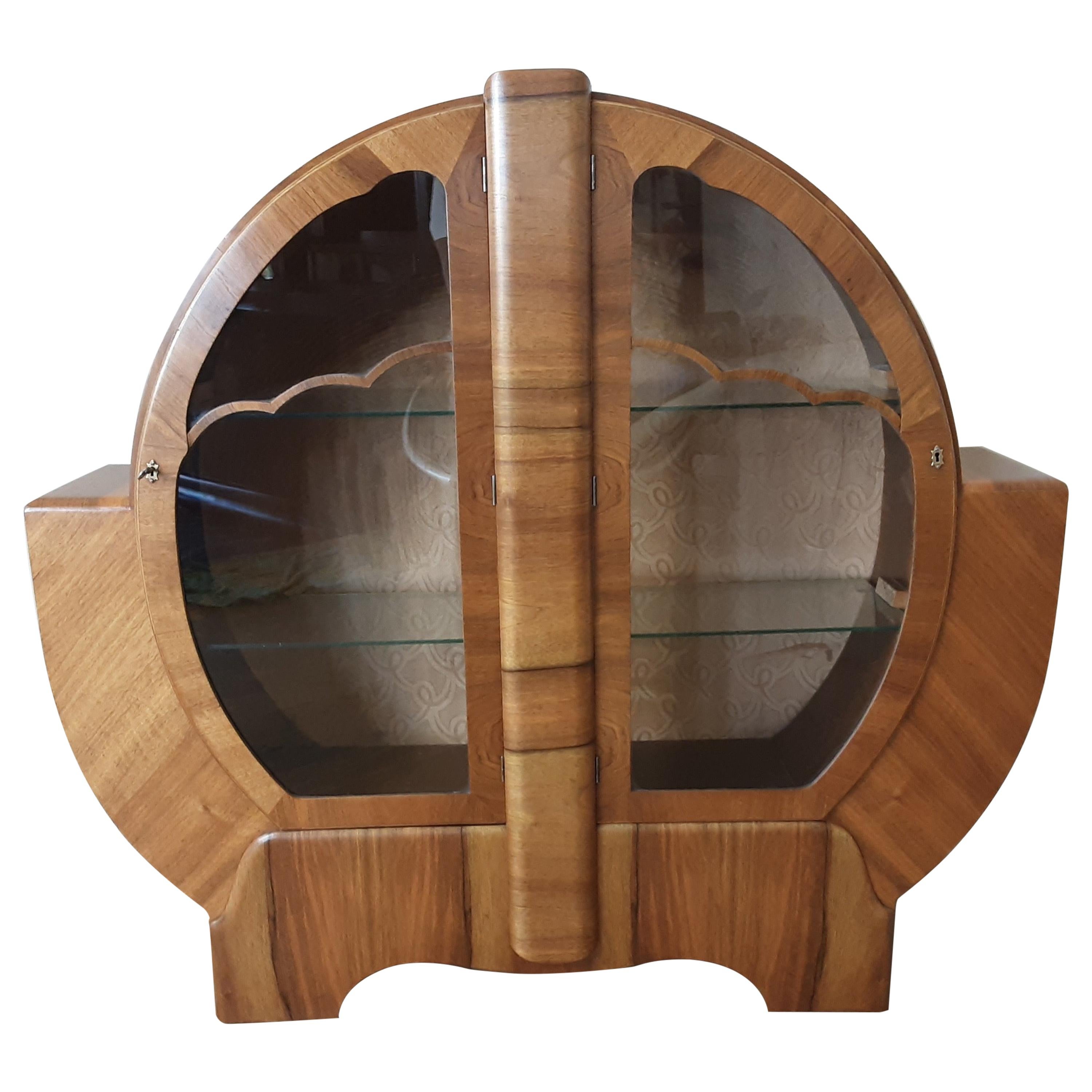 British Walnut Art Deco Circular Display Cabinet with Cloud Design For Sale