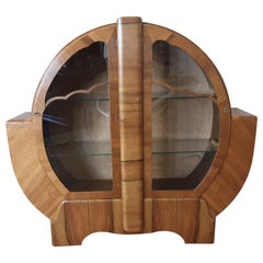 British Walnut Art Deco Circular Display Cabinet with Cloud Design