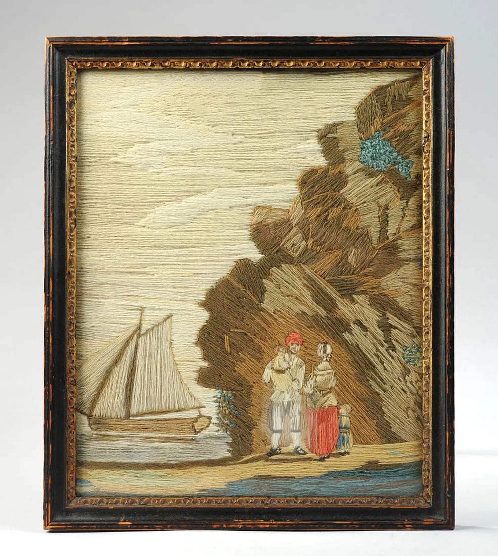 Le regard du marin : Le travail de laine d'une famille

Objet : Tableau rectangulaire en laine
Origine : Britannique (Sailor's Folk Art)
Date : Vers 1860
Médium : Laine, fil de soie sur fond de tissu, encadré

Dimensions : 15 pouces de haut x 12 1/4