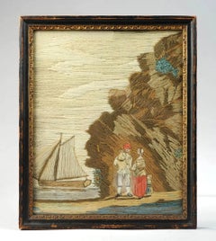 British Woolwork of a Family of Man, Wife and Child on the Seashore with Ship
