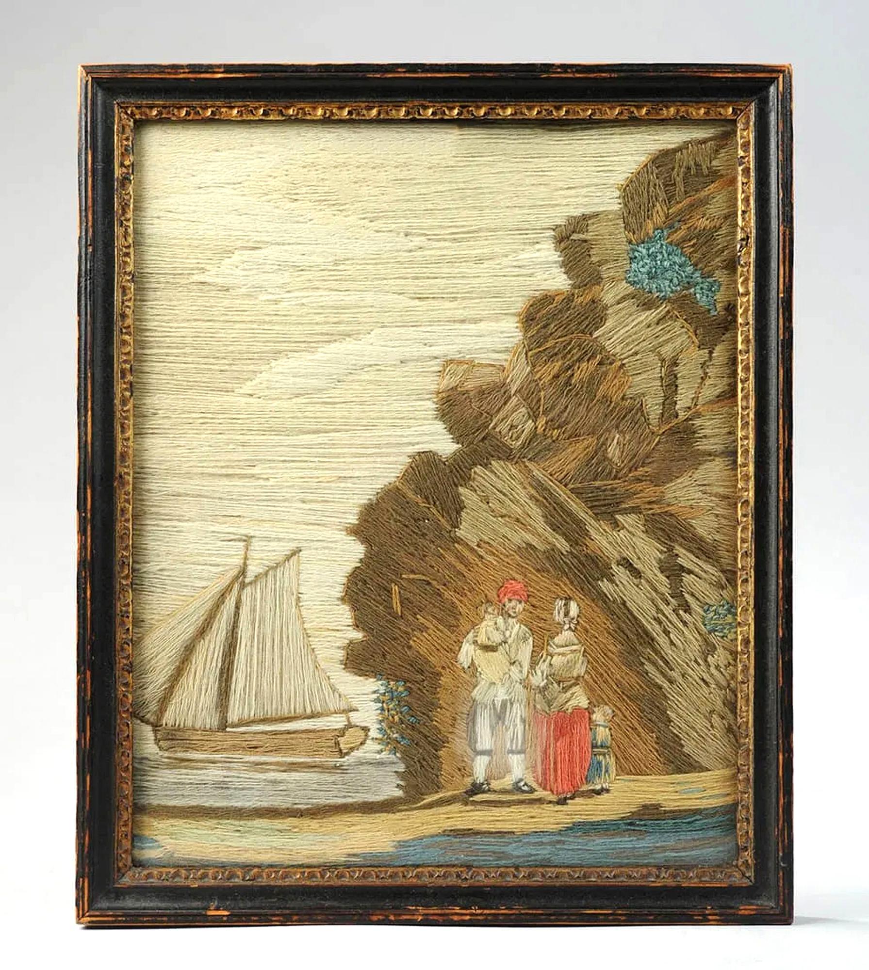 Anglais Laine britannique représentant une famille composée d'un homme, d'une femme et d'un Child & Child au bord de la mer avec un bateau en vente