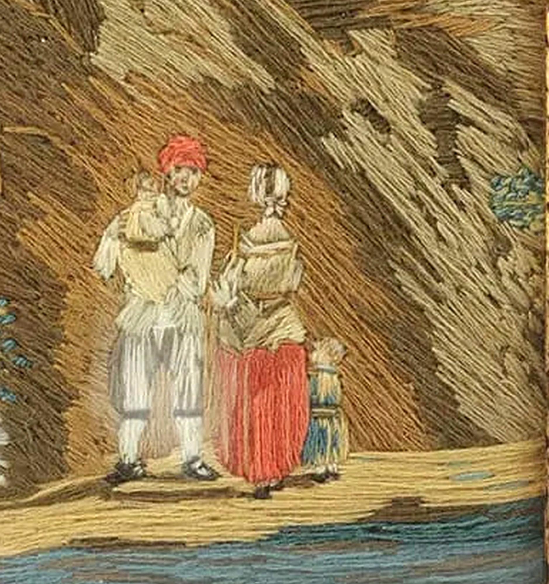 XIXe siècle Laine britannique représentant une famille composée d'un homme, d'une femme et d'un Child & Child au bord de la mer avec un bateau en vente