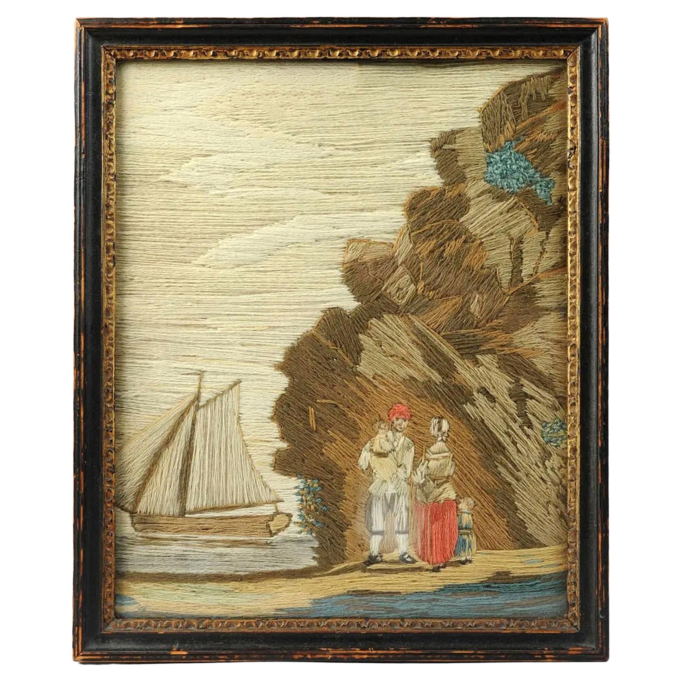 Laine britannique représentant une famille composée d
un homme, d
une femme et d
un Child 
Child au bord de la mer avec un bateau en vente