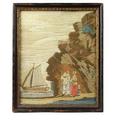 British Woolwork of a Family of Man, Wife and Child on the Seashore with Ship