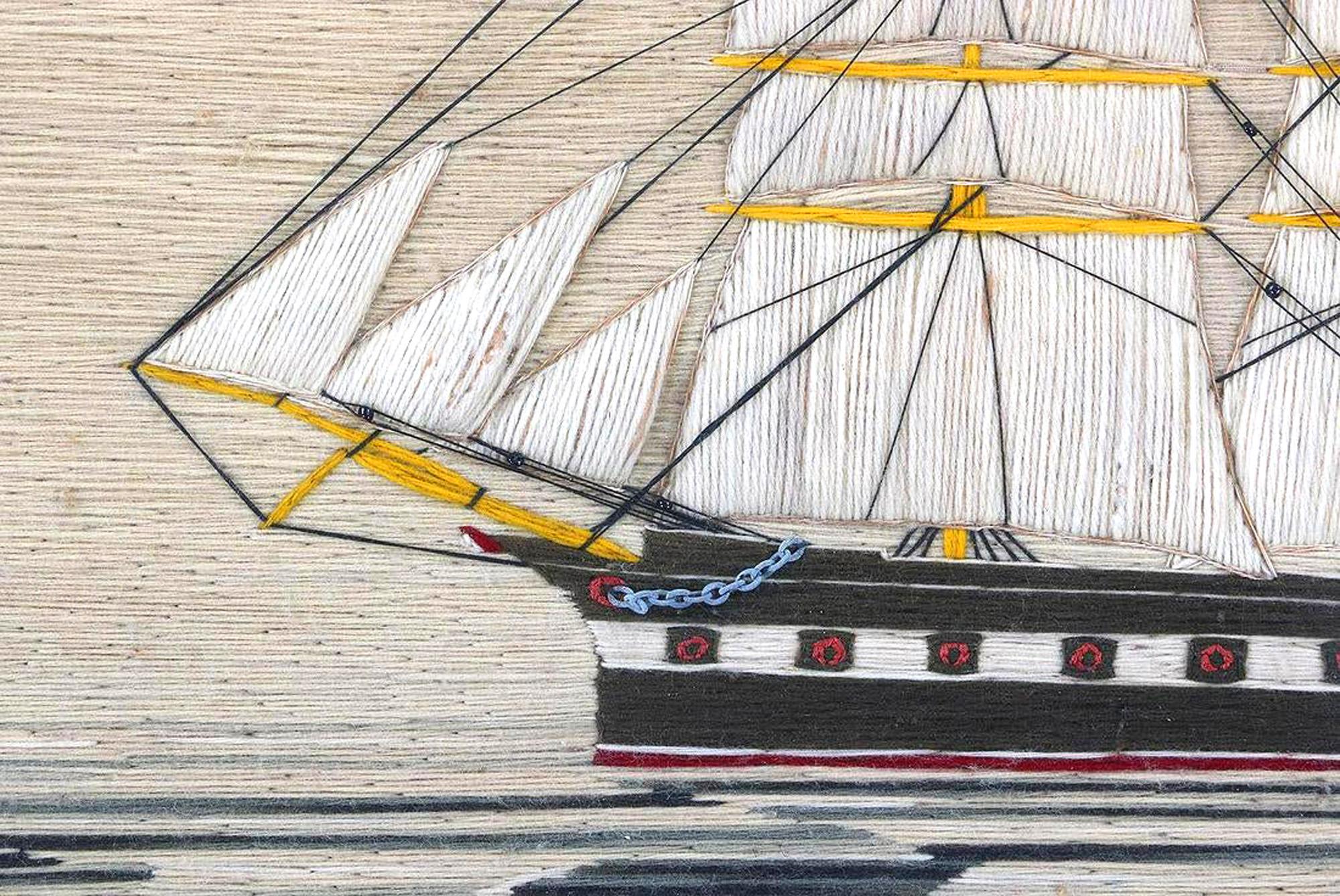 Large British woolwork of three ships including the Ada and two smaller craft,
circa 1875.

The wool depicts three ships- a port side view of The Merchant ship Ada, another sail-ing vessel off her bow with the identification number CY850 on her