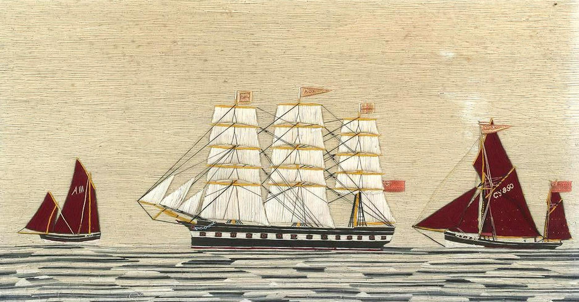 Folk Art British Woolwork 'Woolie' of Three Ships For Sale