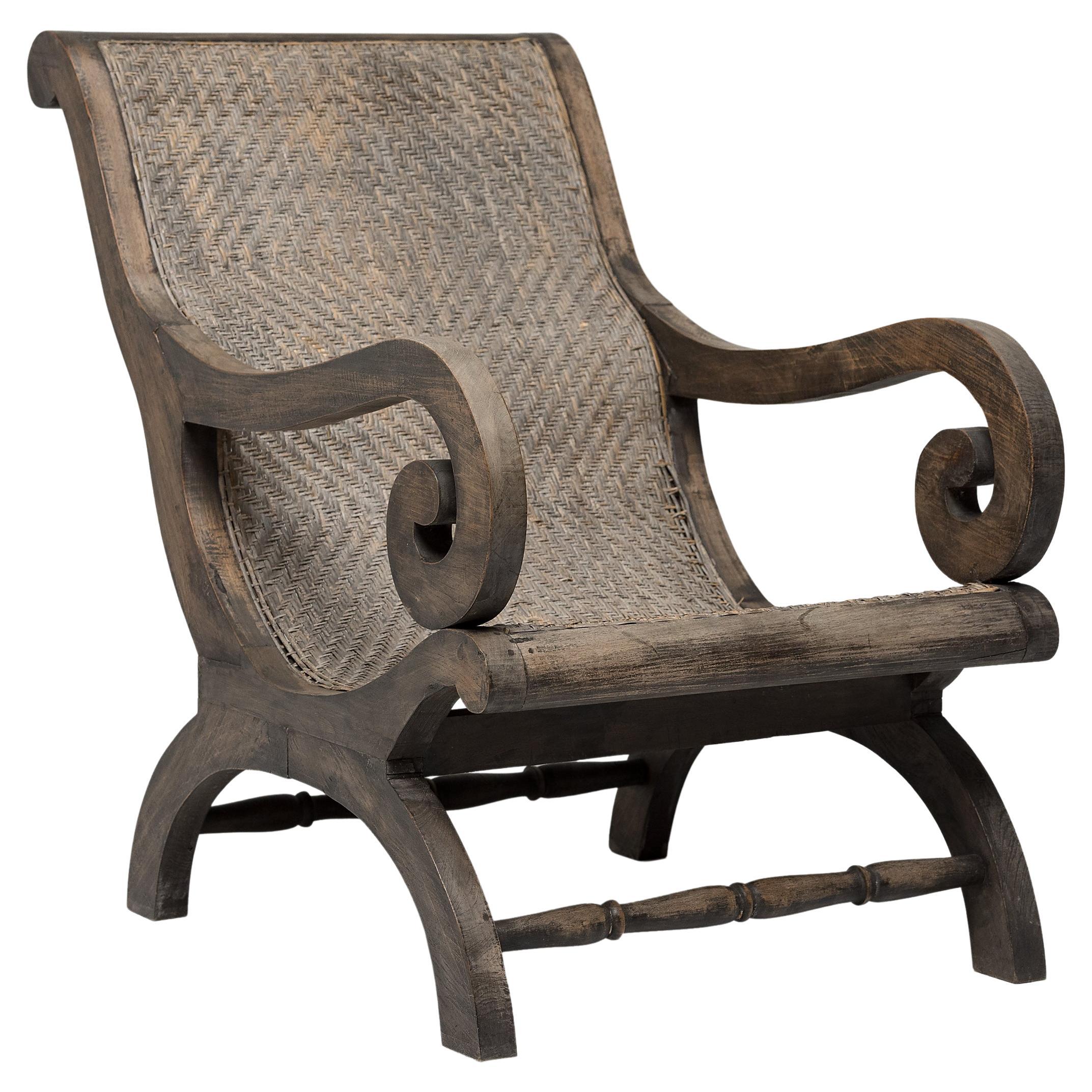 Woven Rattan Colonial Reclining Chair, c. 1900 For Sale