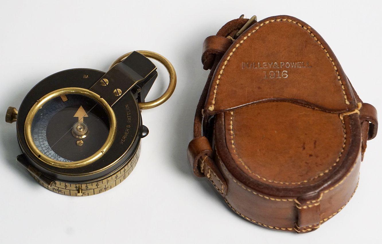 A working British military officer's marching or sighting compass of heavy brass in original leather case from World War I, with mother of pearl dial.

A handsome piece of militaria and a fine memento from the Great War.Dimensions listed are the