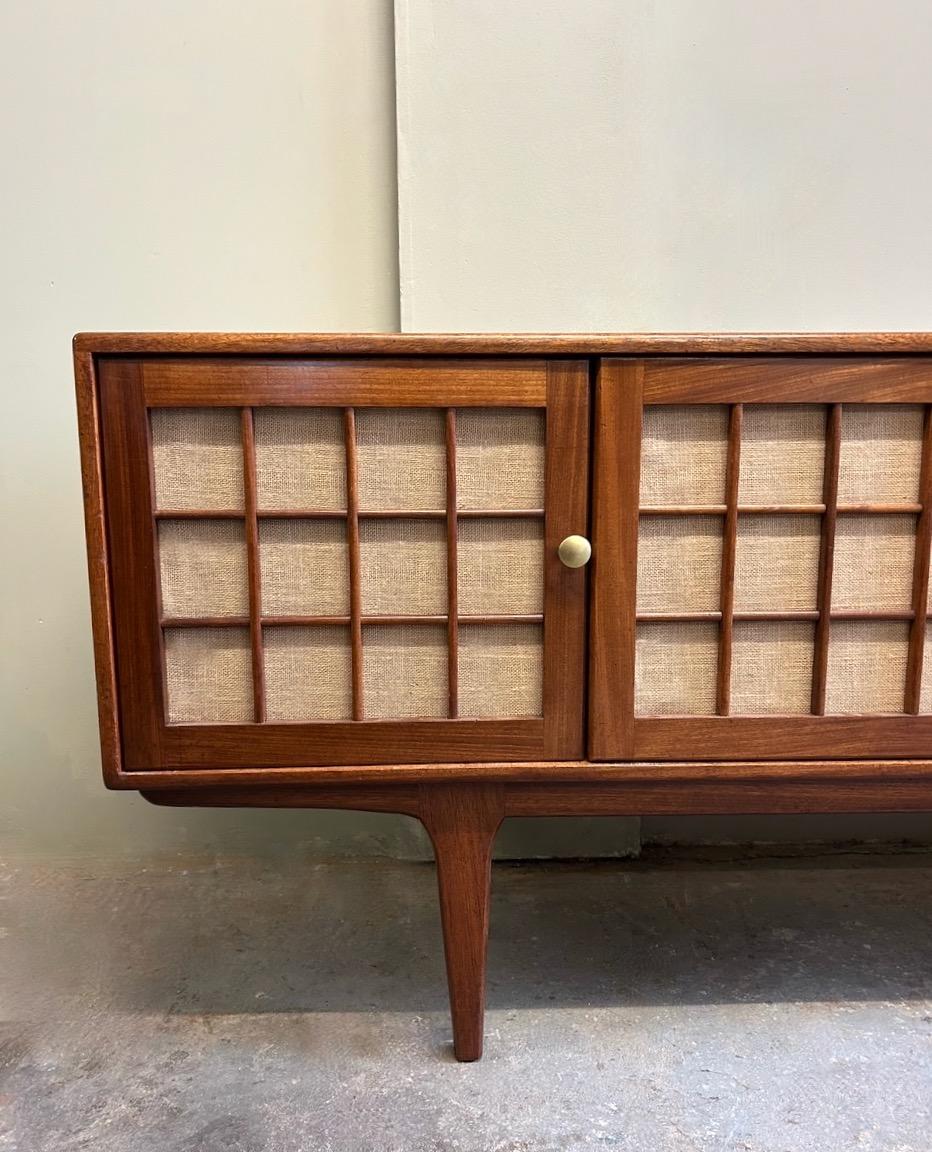 Polished British Younger Teak and Hessian Sideboard Credenza Mid Century 1960s
