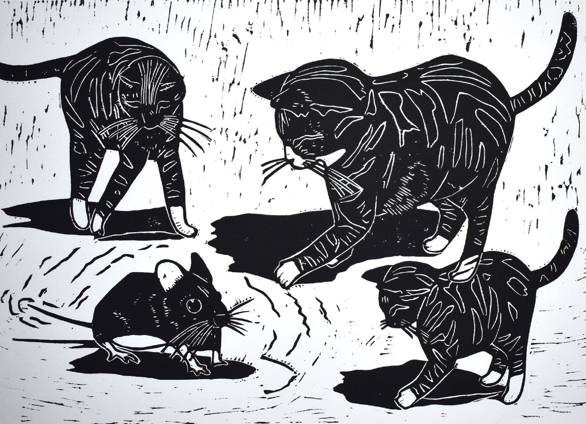 Figurative Print Britta Ortiz - Le jeu du chat avec la souris