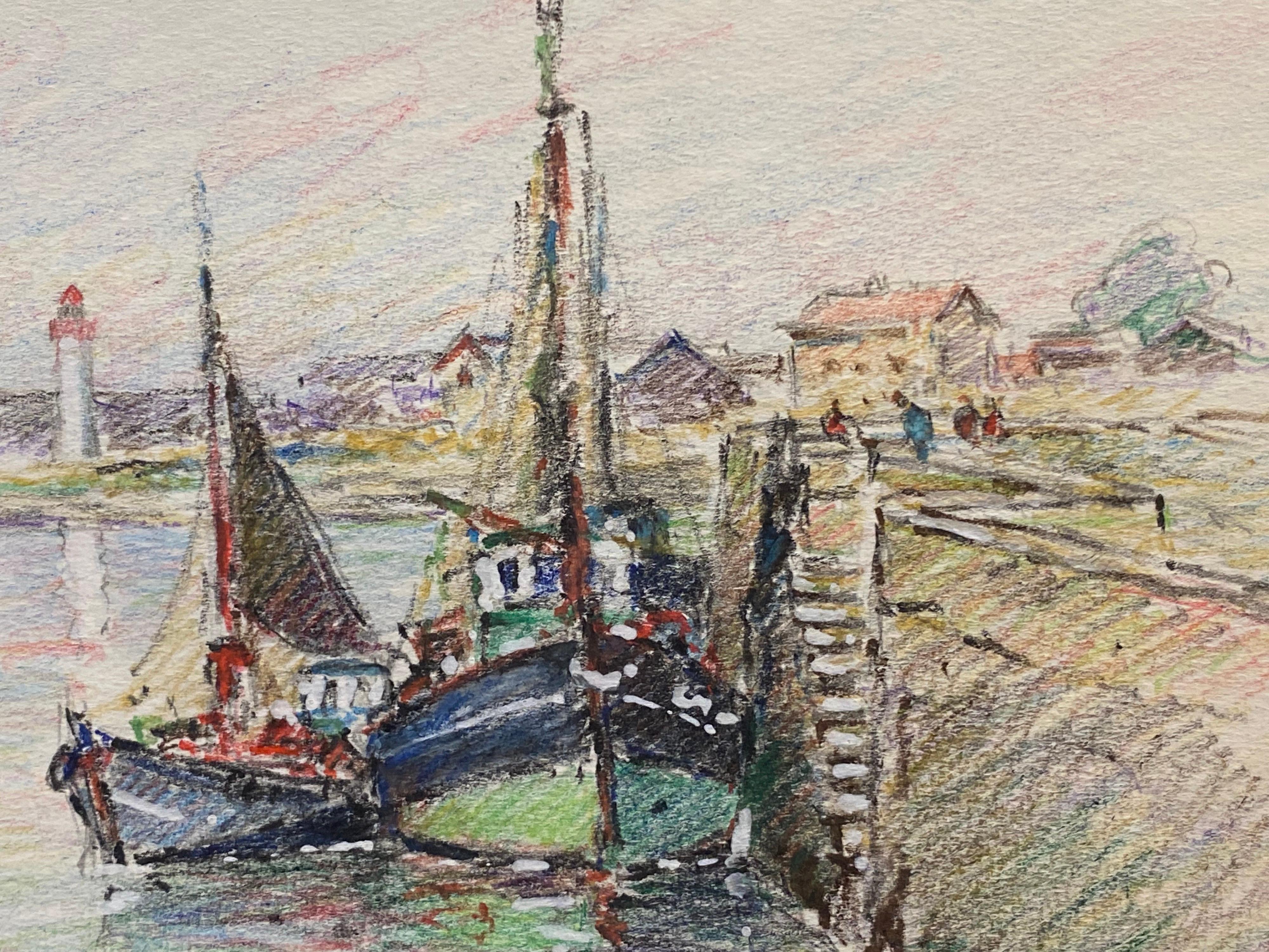 Brittany Fishing Boats in Harbour, French Signed Impressionist Crayon Drawing In Good Condition For Sale In Cirencester, GB