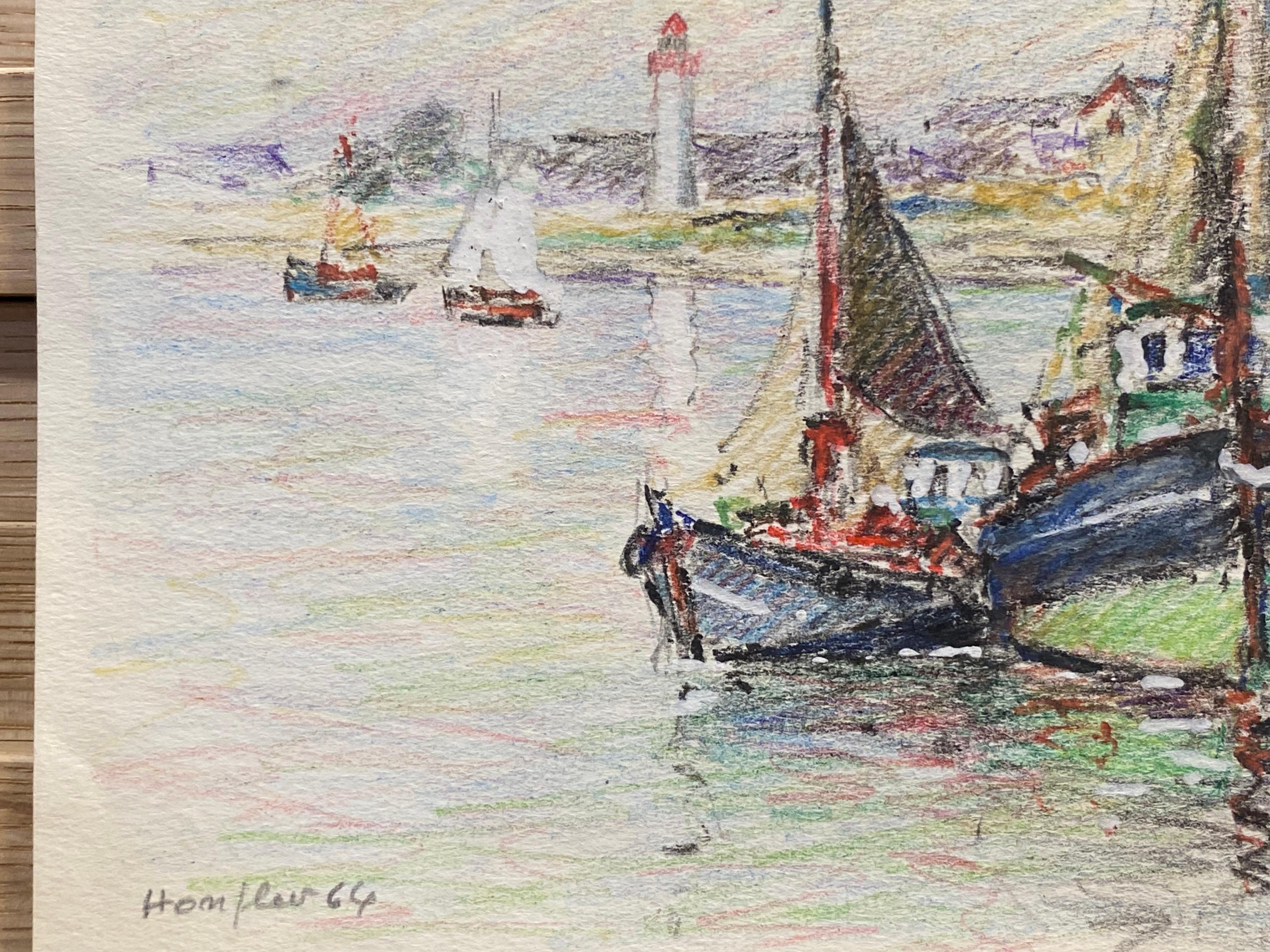 20th Century Brittany Fishing Boats in Harbour, French Signed Impressionist Crayon Drawing For Sale