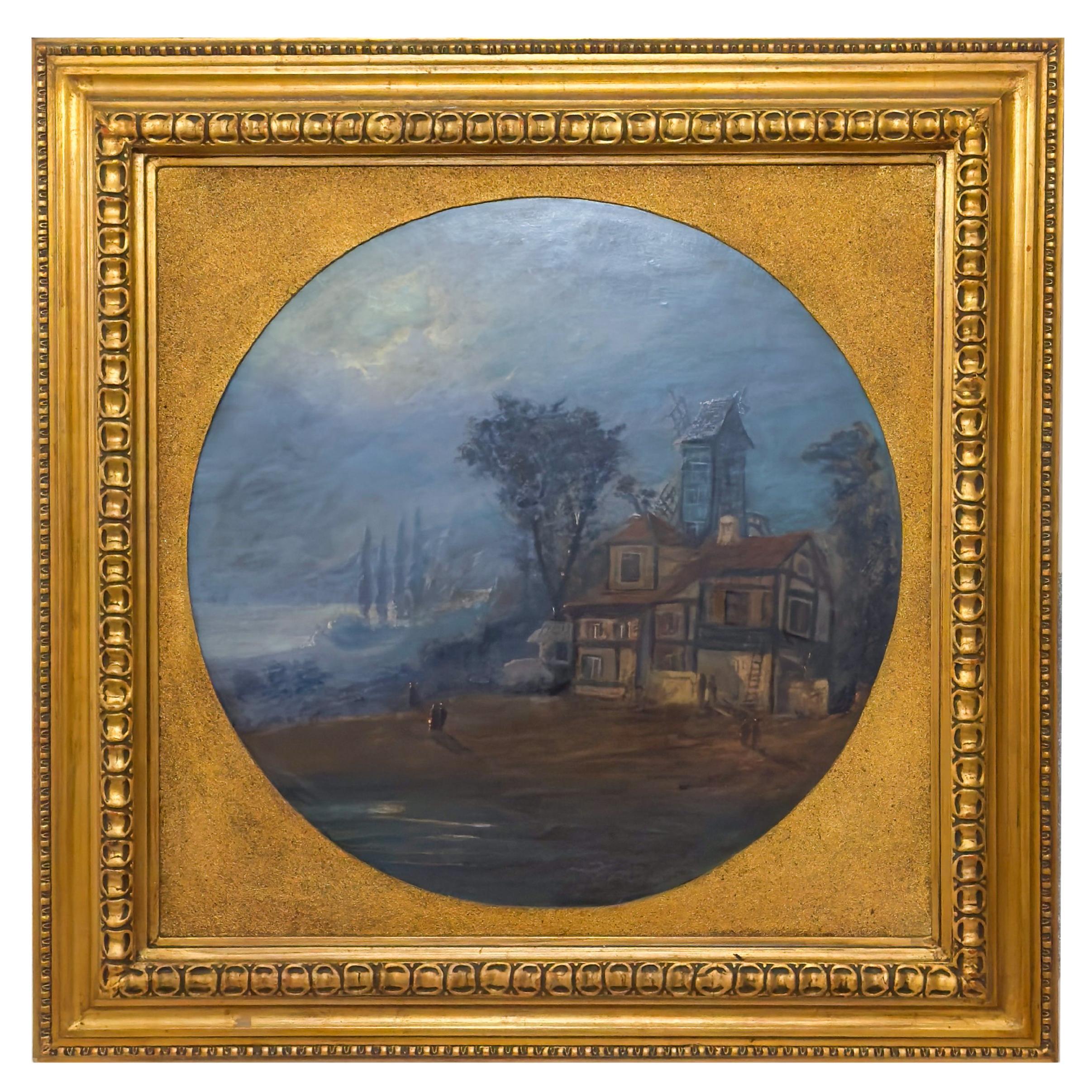 Peinture à l'huile ronde Nocturne de Bretagne, années 1900