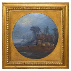 Peinture à l'huile ronde Nocturne de Bretagne, années 1900