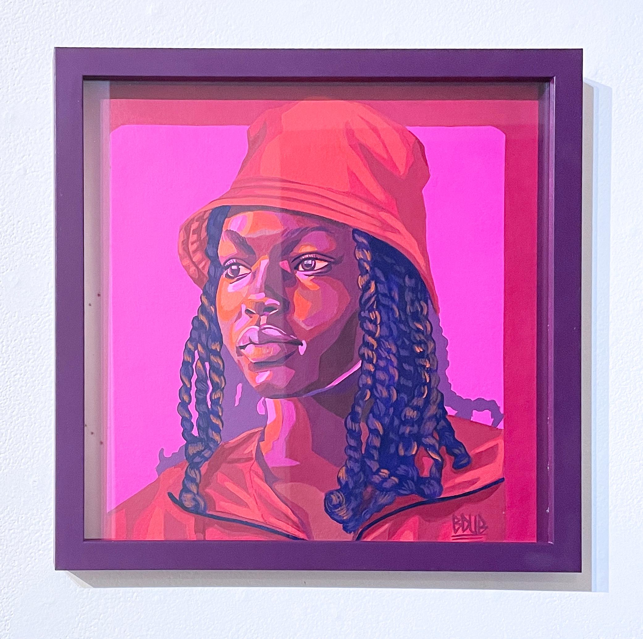 Carmine (2023), pop figurative portrait, street art, pink, purple, red, orange - Painting by Brittany Williams