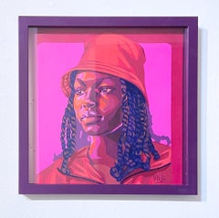 Carmine (2023), pop figurative portrait, street art, pink, purple, red, orange