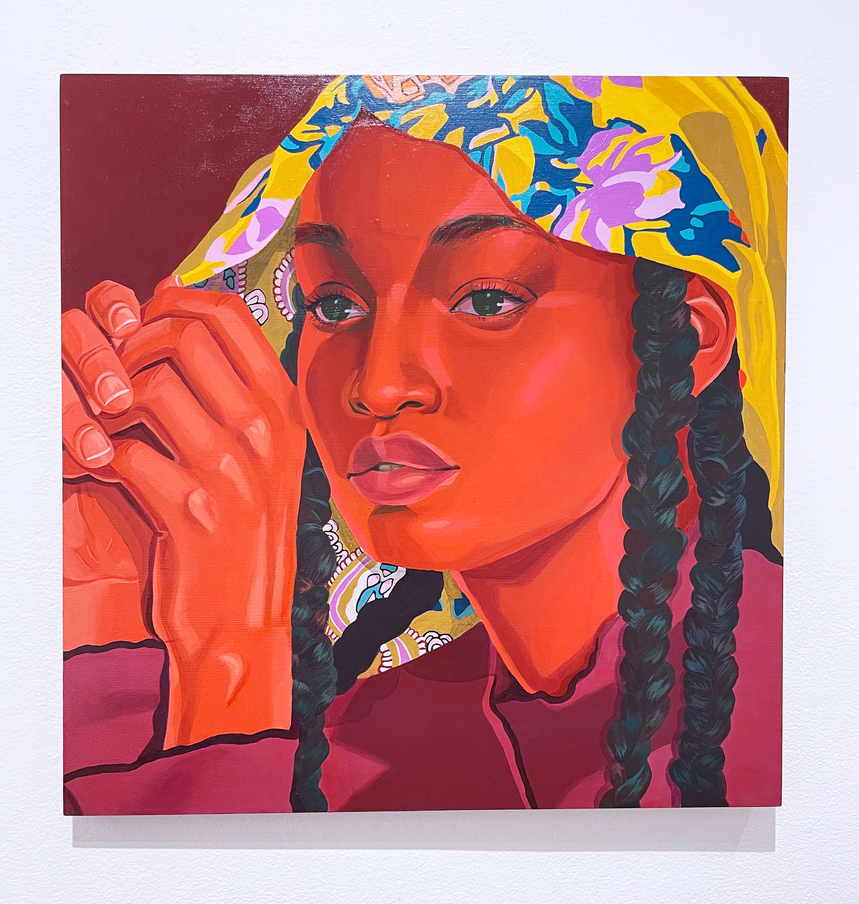 Floral Satin (2022), pop figurative portrait, street art, floral pattern, warm - Painting by Brittany Williams