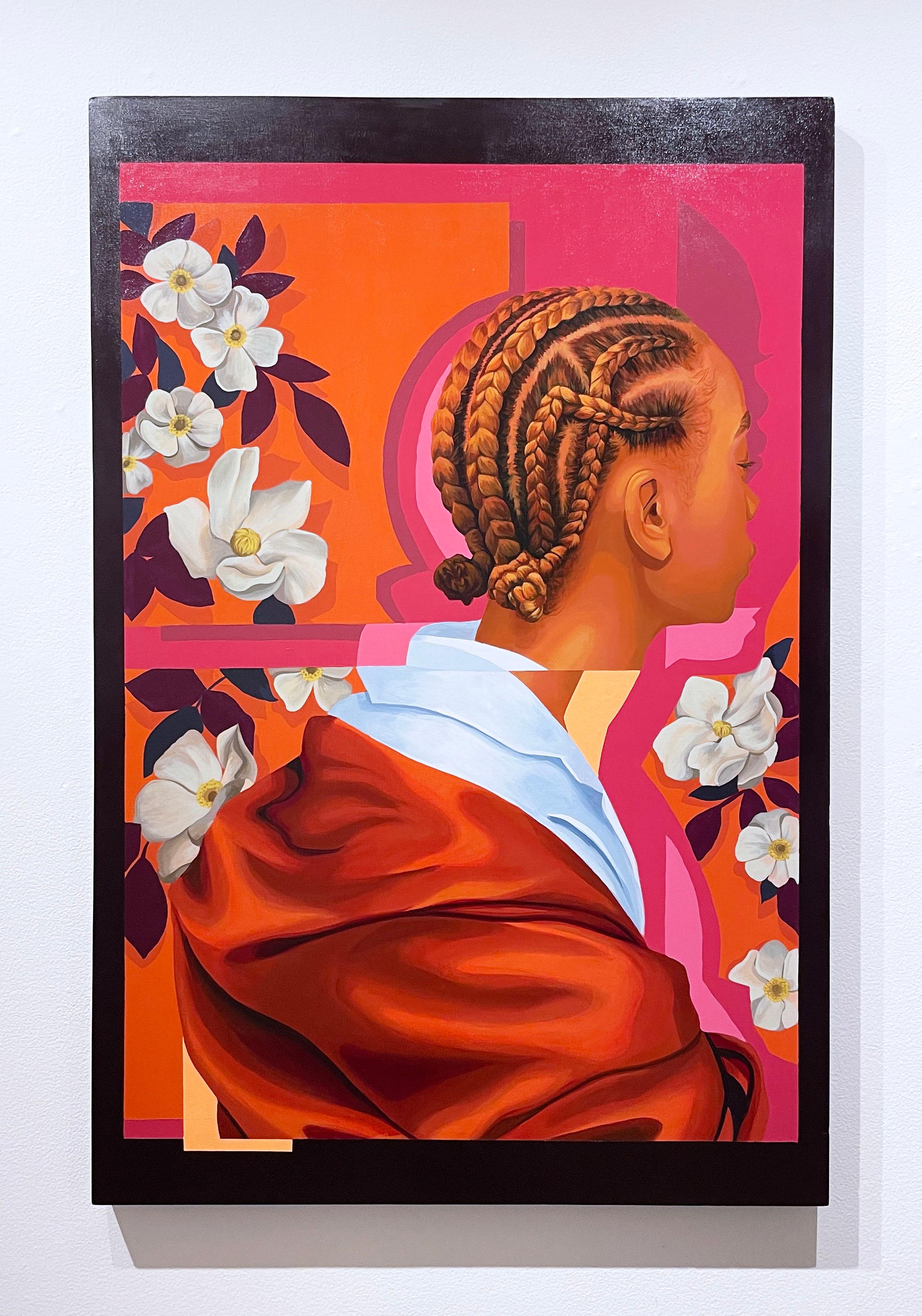 Solace (2022), figurative portrait, floral, flowers, pink, street art, muralist - Painting by Brittany Williams