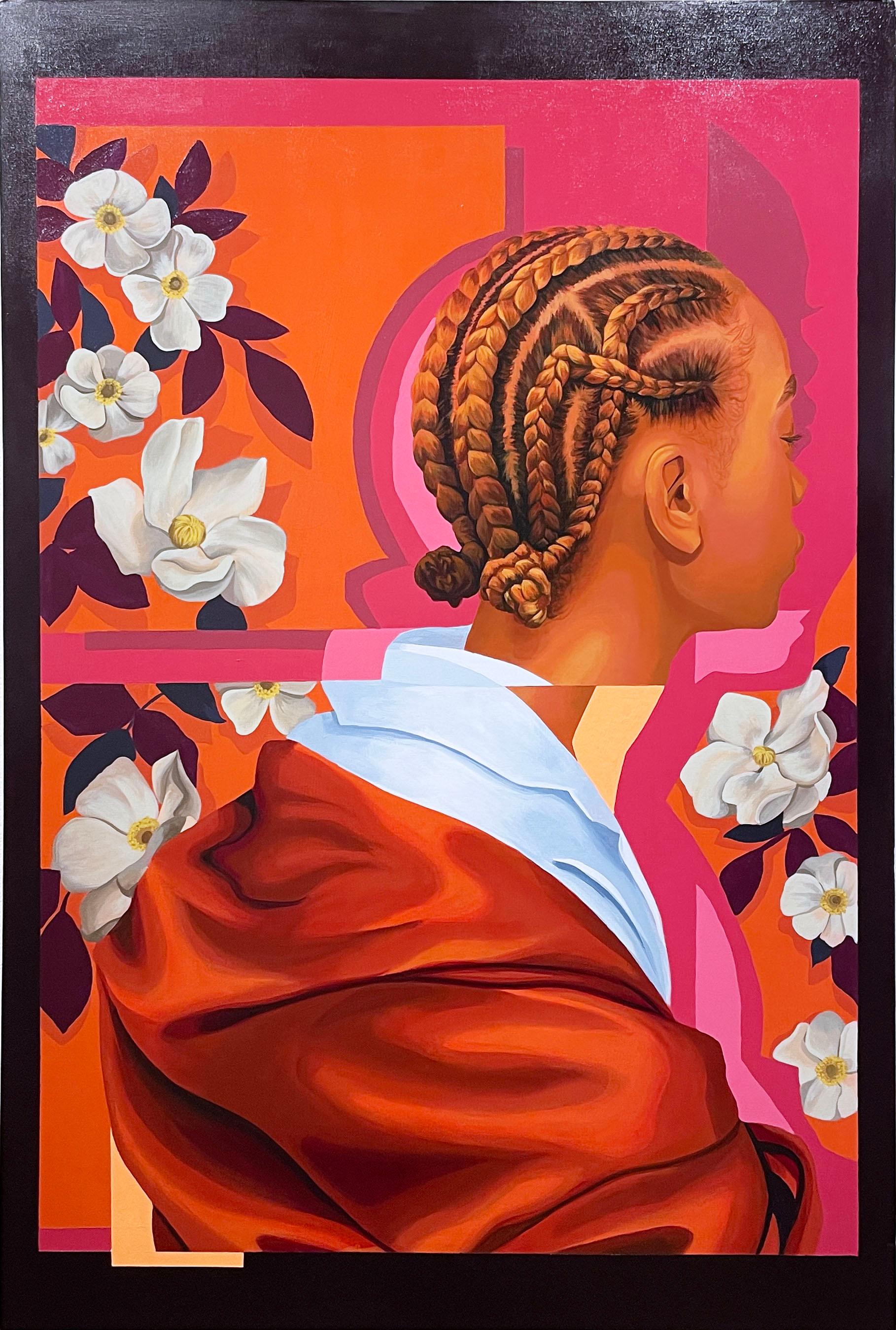 Solace (2022), figurative portrait, floral, flowers, pink, street art, muralist
