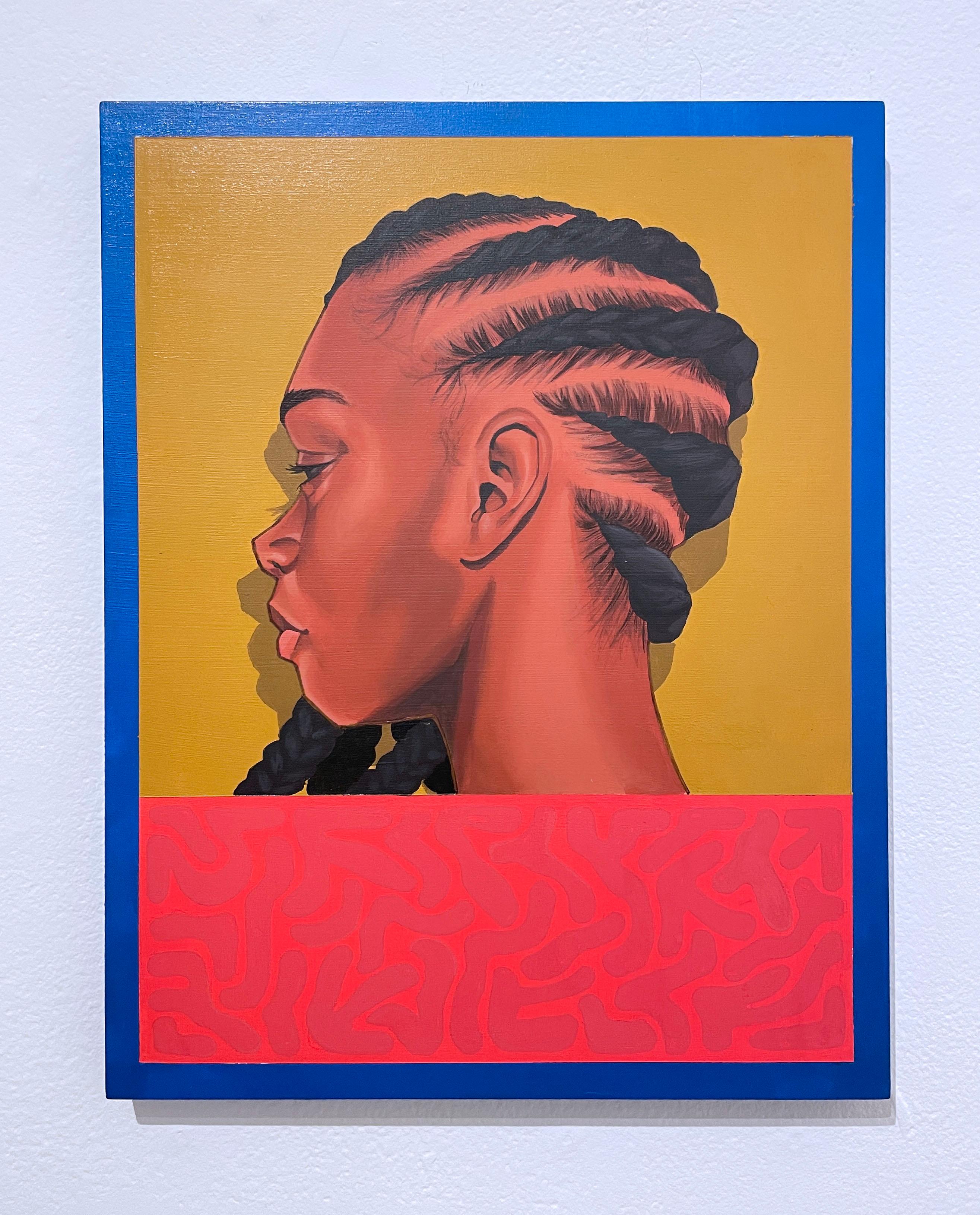 Untited (2018), figurative portrait, female face, street art, geometric pattern - Painting by Brittany Williams