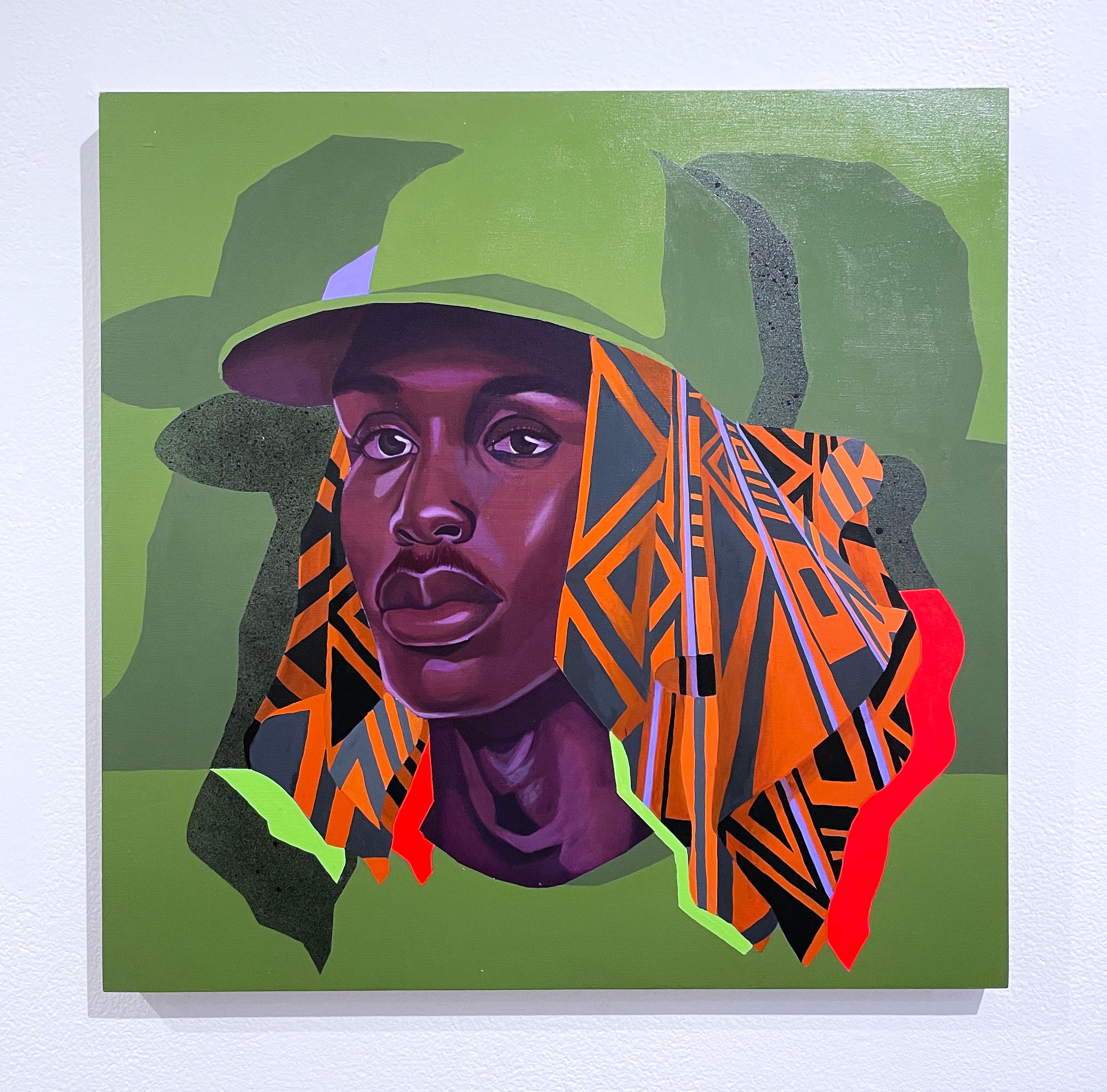 Vivid Satin (2022), pop figurative portrait, street art, pattern, green, orange - Painting by Brittany Williams