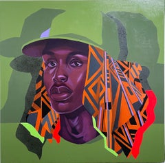 Vivid Satin (2022), Pop-Figurenporträt, Straßenkunst, Muster, grün, orange