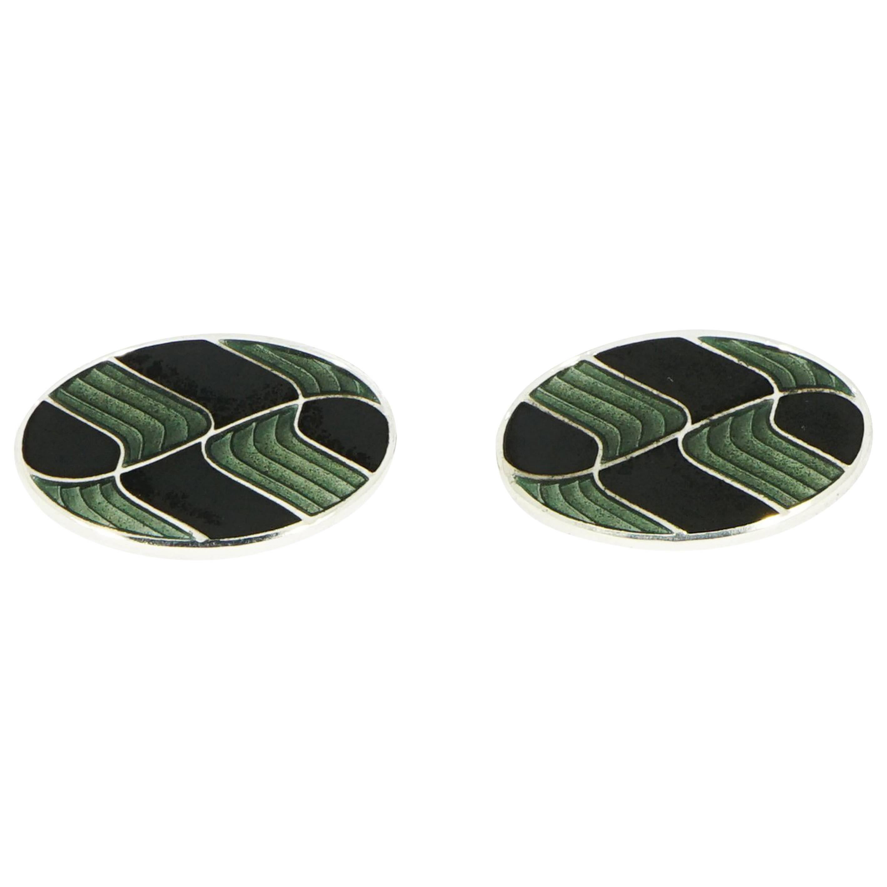 Brixton & Gill Green or Black Enameled Oval Cufflinks For Sale