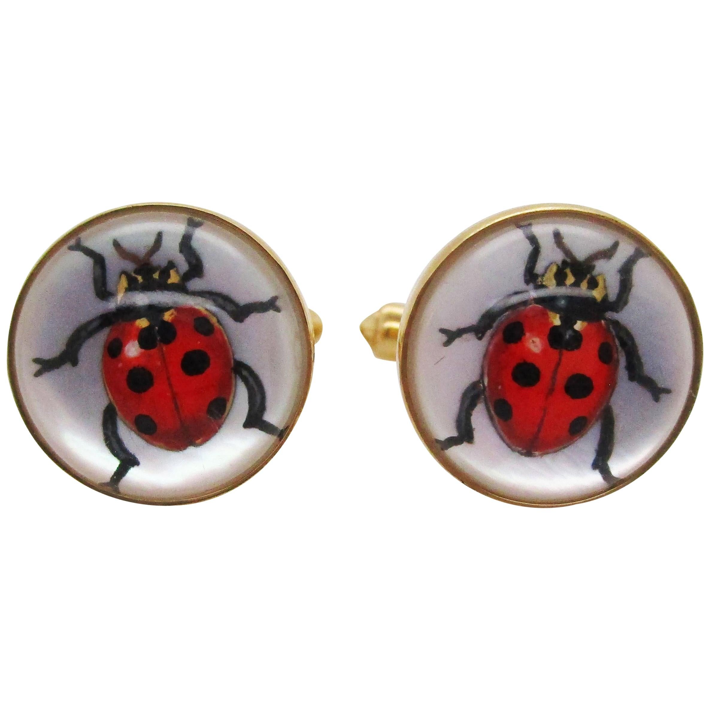 Brixton & Gill Reverse 18k Gold Carved Quartz Mother of Pearl Ladybug Cufflinks For Sale
