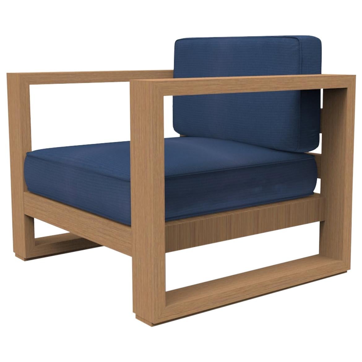 Brixton Teak Lounge Chair 'Grade A': Wire Brushed Natural Wood, Canvas Navy For Sale
