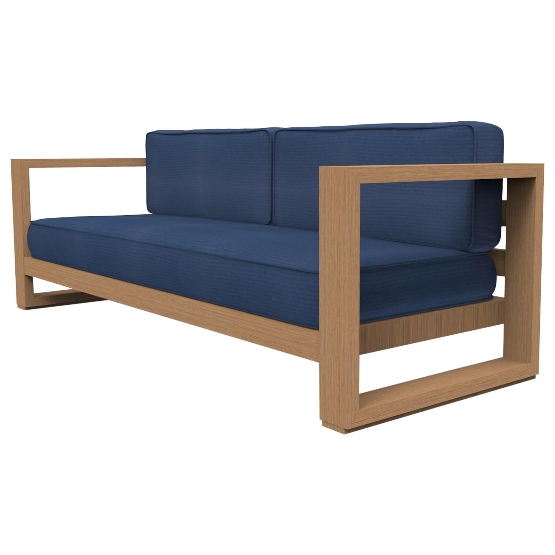 Brixton Teak Sofa 'Grade A': Wire Brushed Natural Wood, Canvas Navy For Sale
