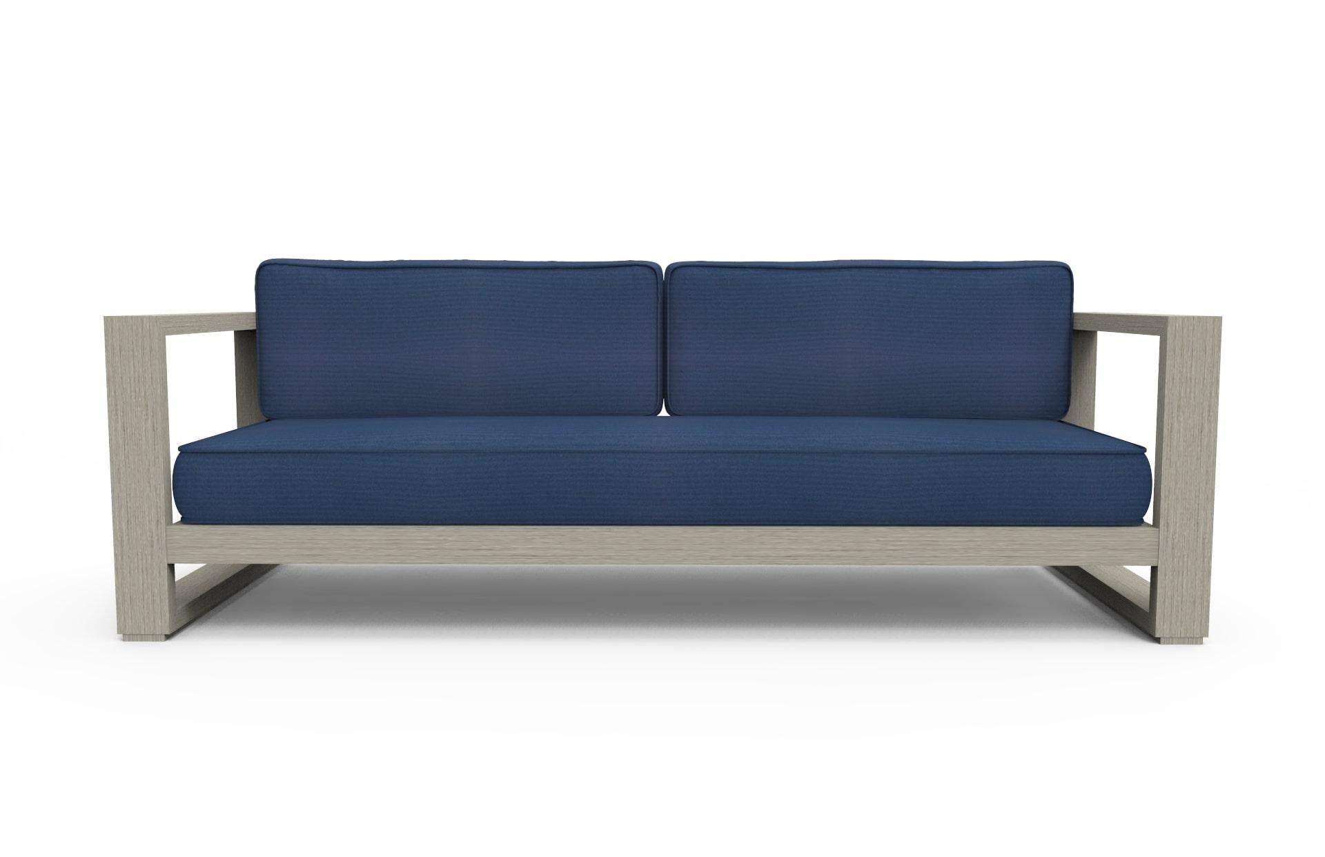 Modern Brixton Teak Sofa 'Grade A': Wire Brushed Weathered Gray, Canvas Navy For Sale