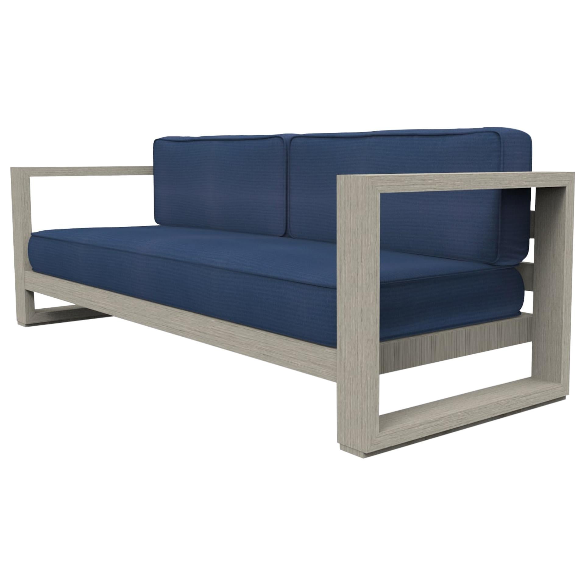 Brixton Teak Sofa 'Grade A': Wire Brushed Weathered Gray, Canvas Navy For Sale