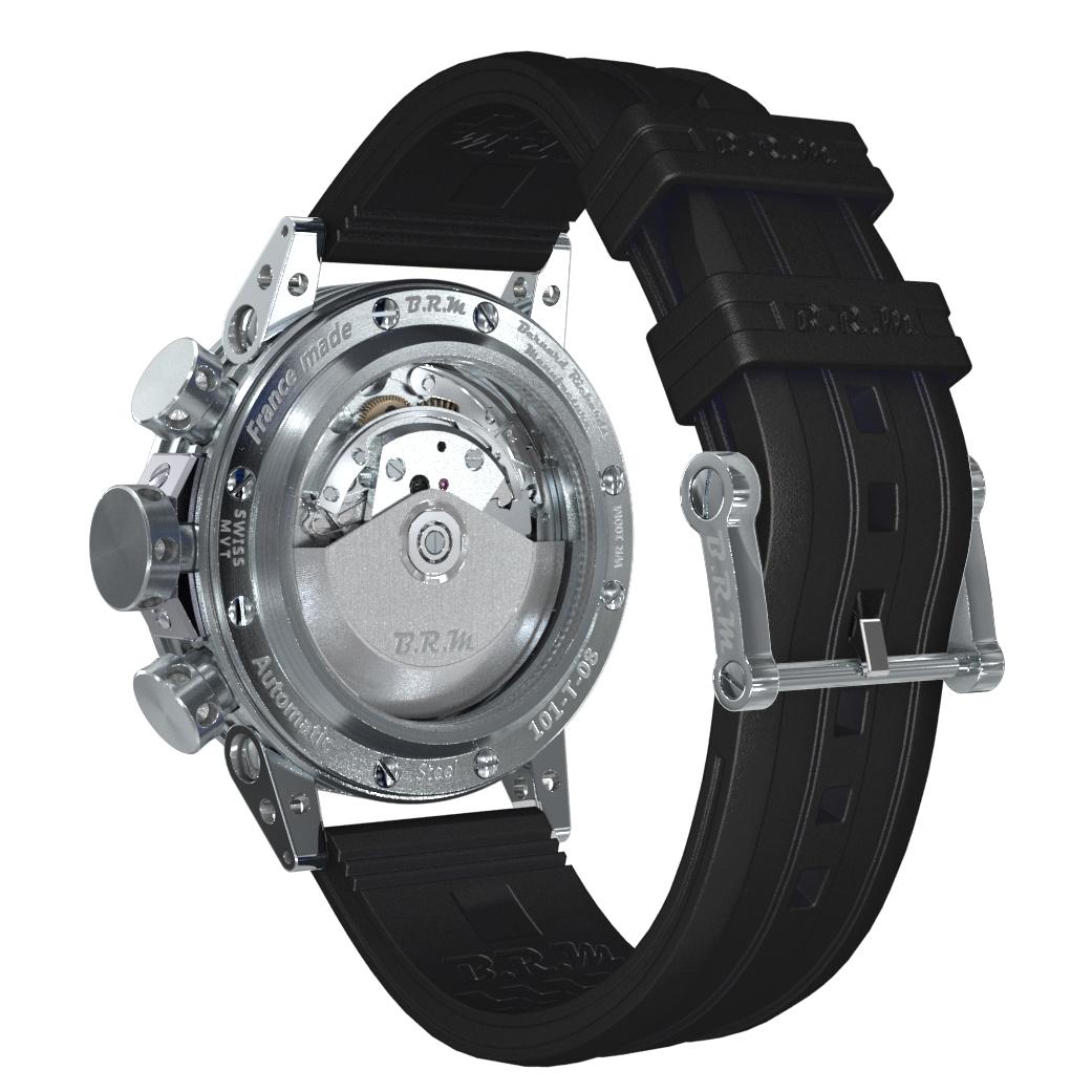BRM Montre chronographe automatique de course avec cadran noir en acier inoxydable et sangle en caoutchouc Neuf - En vente à Magny En Vexin, FR