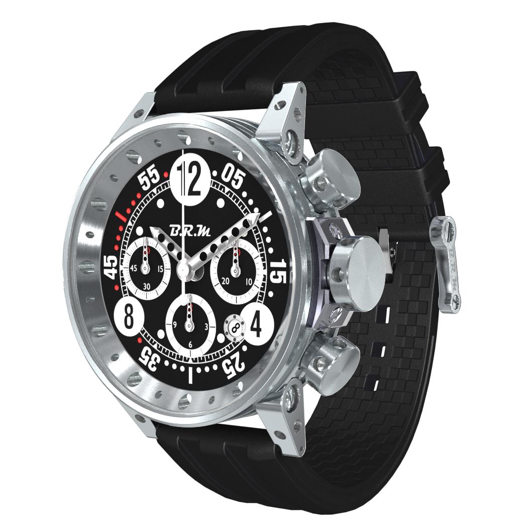 BRM Montre chronographe automatique de course avec cadran noir en acier inoxydable et sangle en caoutchouc en vente