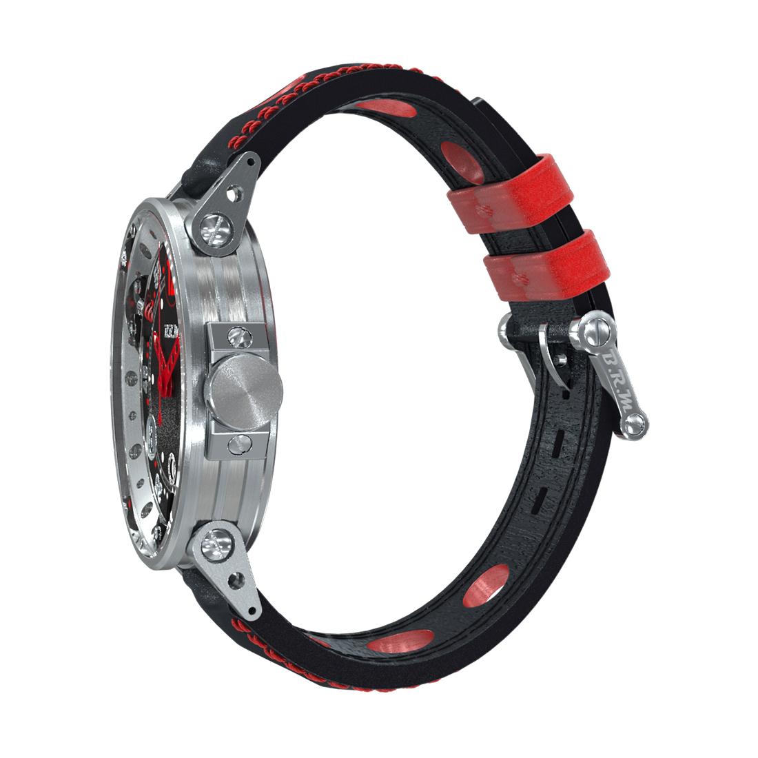Artisan BRM Montre automatique rouge en acier inoxydable avec bracelet en cuir absorbé en vente