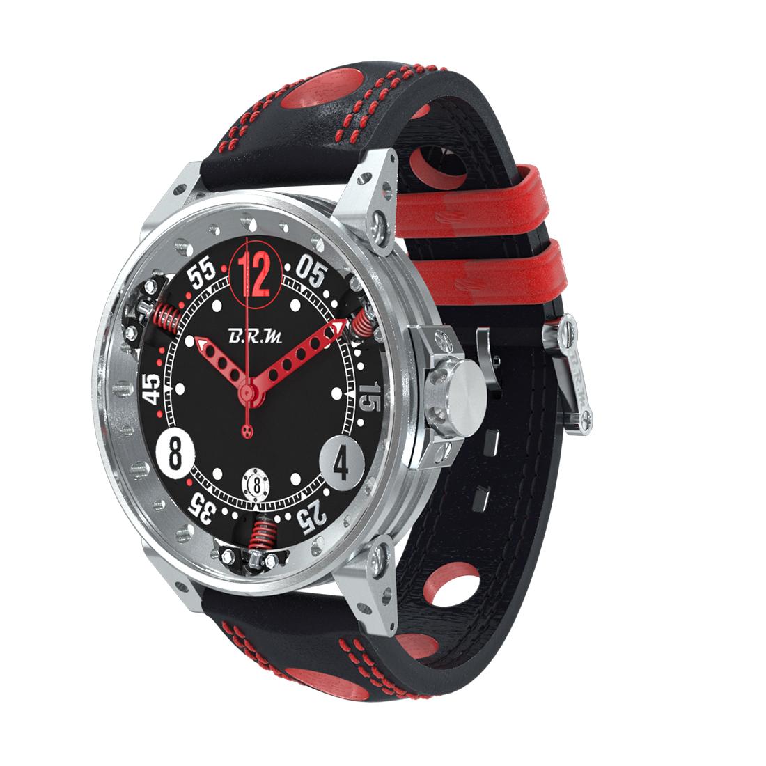 BRM Stainless Steel Red Automatic Watch Shock Absorber Leather Strap For Sale