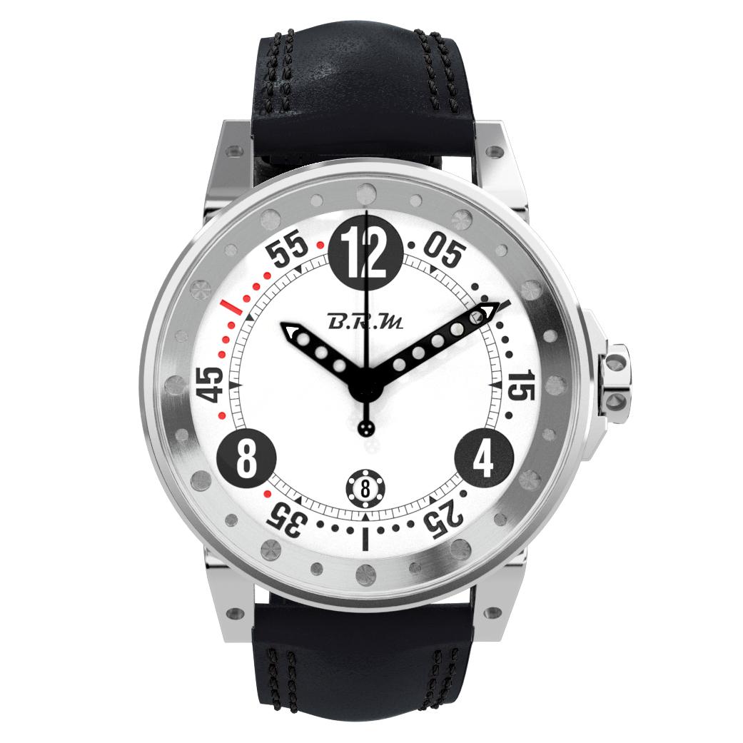 The BRM V6-44-GT-CB-AN is an automatic timepiece design for motor sports enthusiasts.
Manufactured in France, this wristwatch has a 44 mm case carved from a block of stainless steel. Its automatic movement has cushioned mounts, like a car engine,