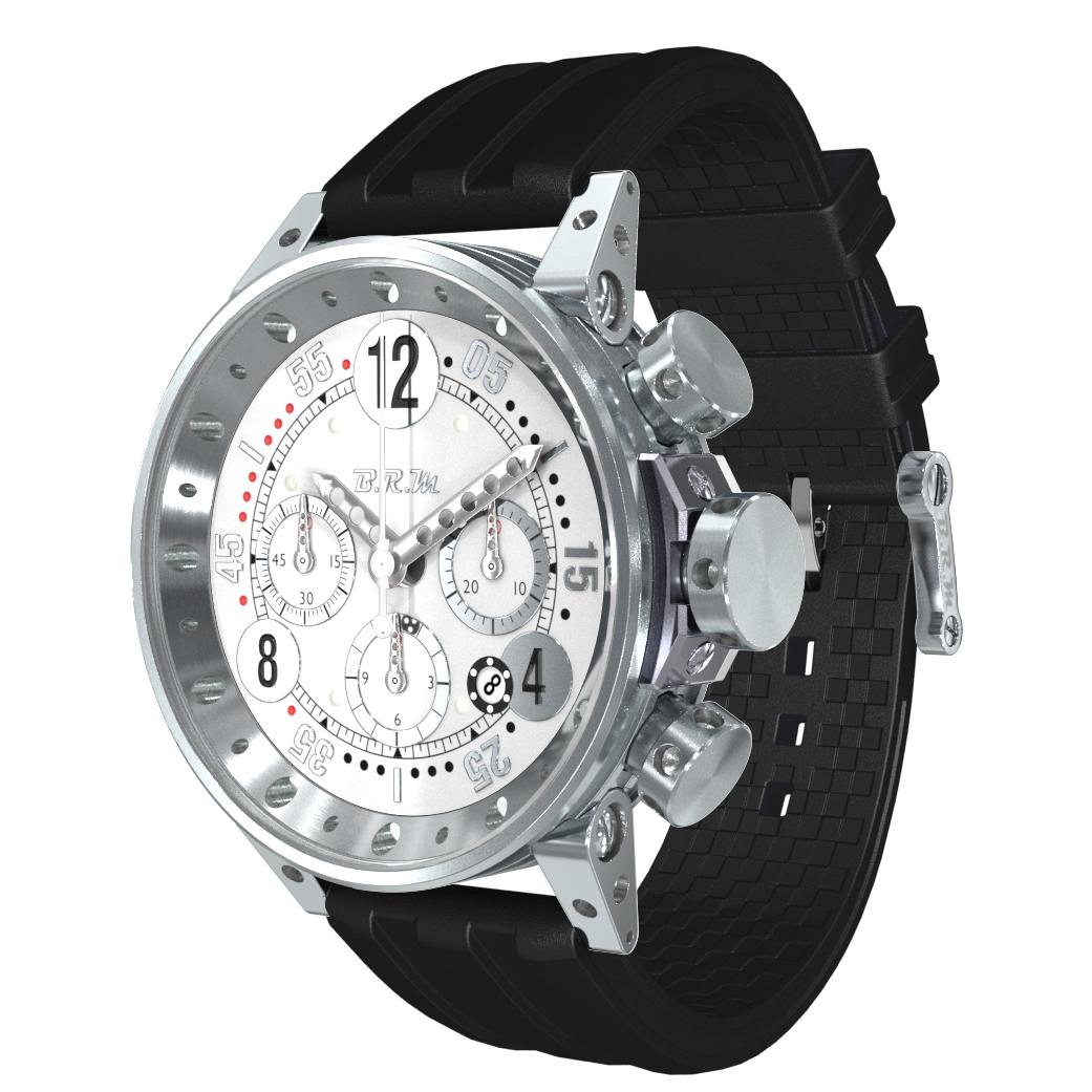 BRM Montre chronographe automatique BRM en acier inoxydable, cadran blanc, sangle en caoutchouc de course