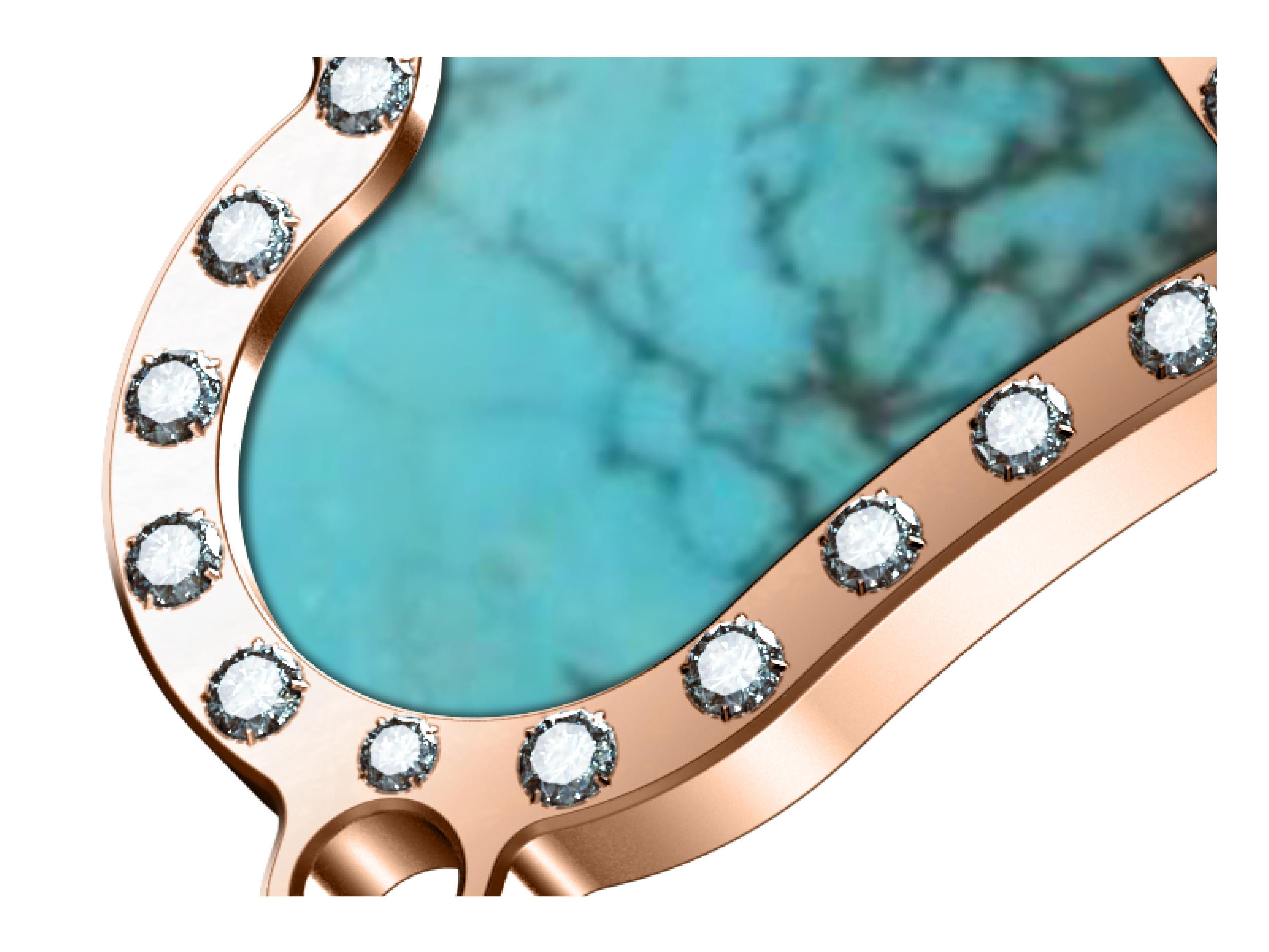 B.R.M Luxury Cœur bracelet 18K rose gold, diamonds and  turquoise blue stone for woman.
The heart-shape bracelet with precious curves is expression of unalterable love. Rose gold
18K, diamonds, decorative stones, with infinity forçat chain attached