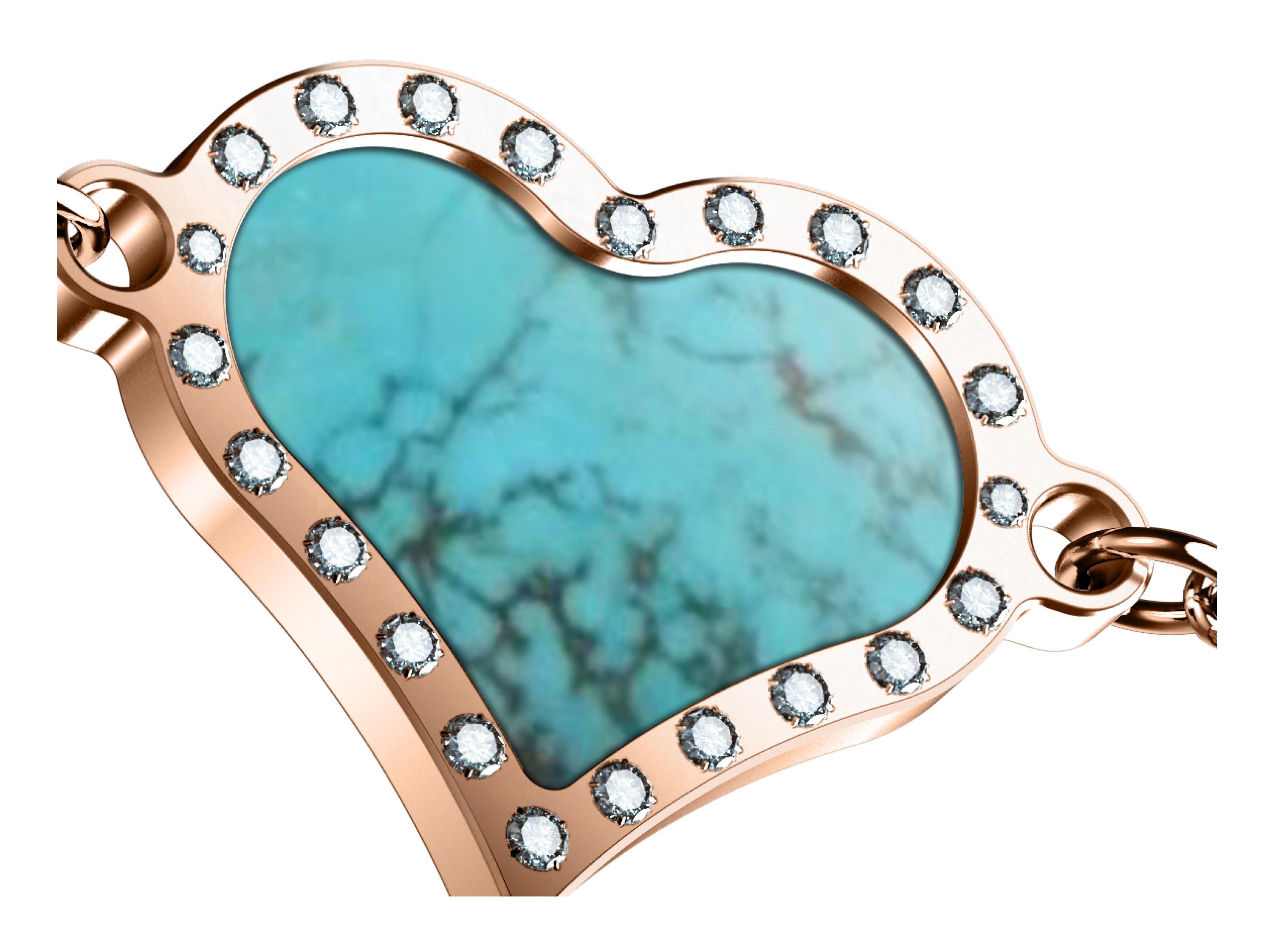 Moderne BRM Bracelet Cœur en or rose 18 carats avec cœur en forme de cœur, chaîne, diamants et turquoise en vente