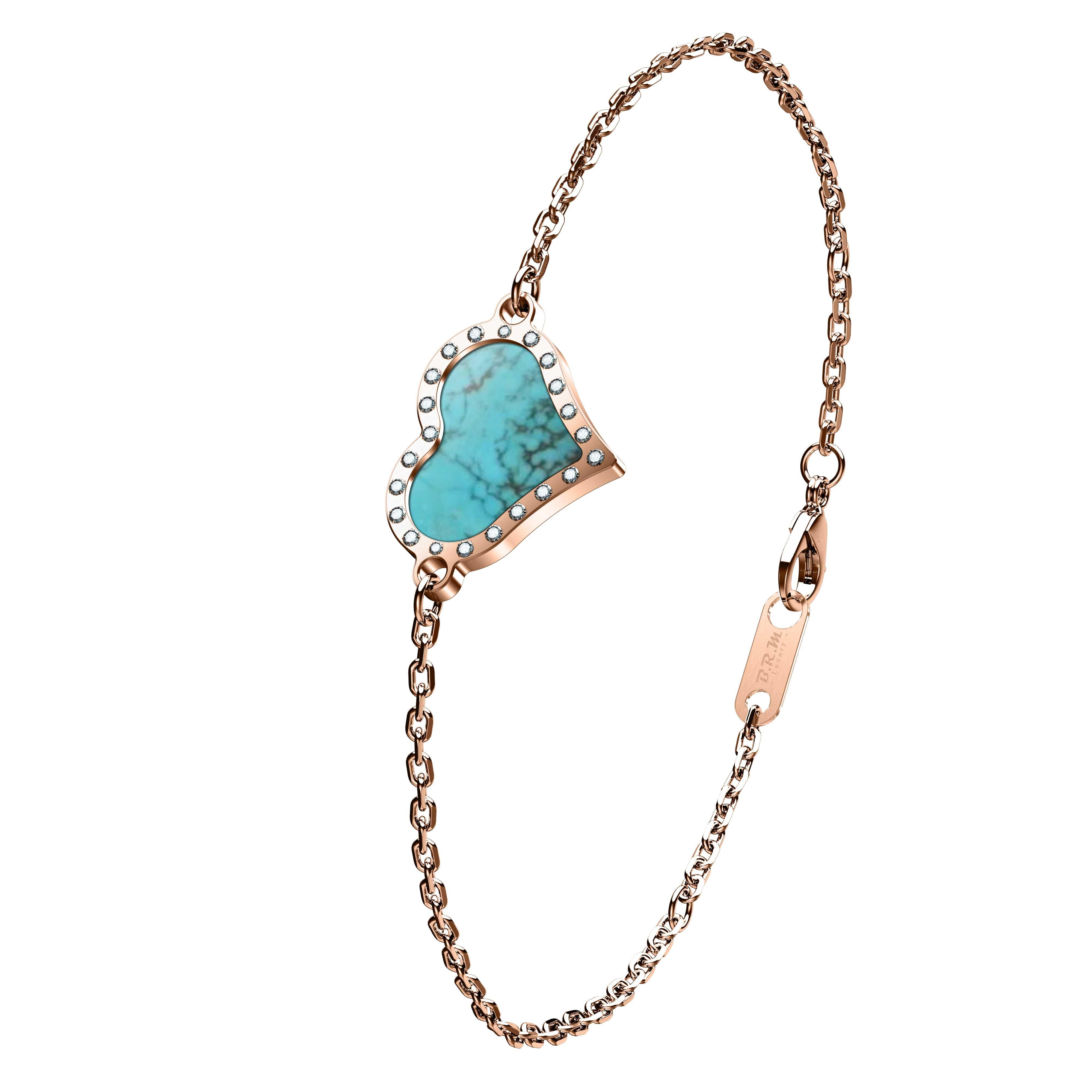 BRM Bracelet Cœur en or rose 18 carats avec cœur en forme de cœur, chaîne, diamants et turquoise en vente