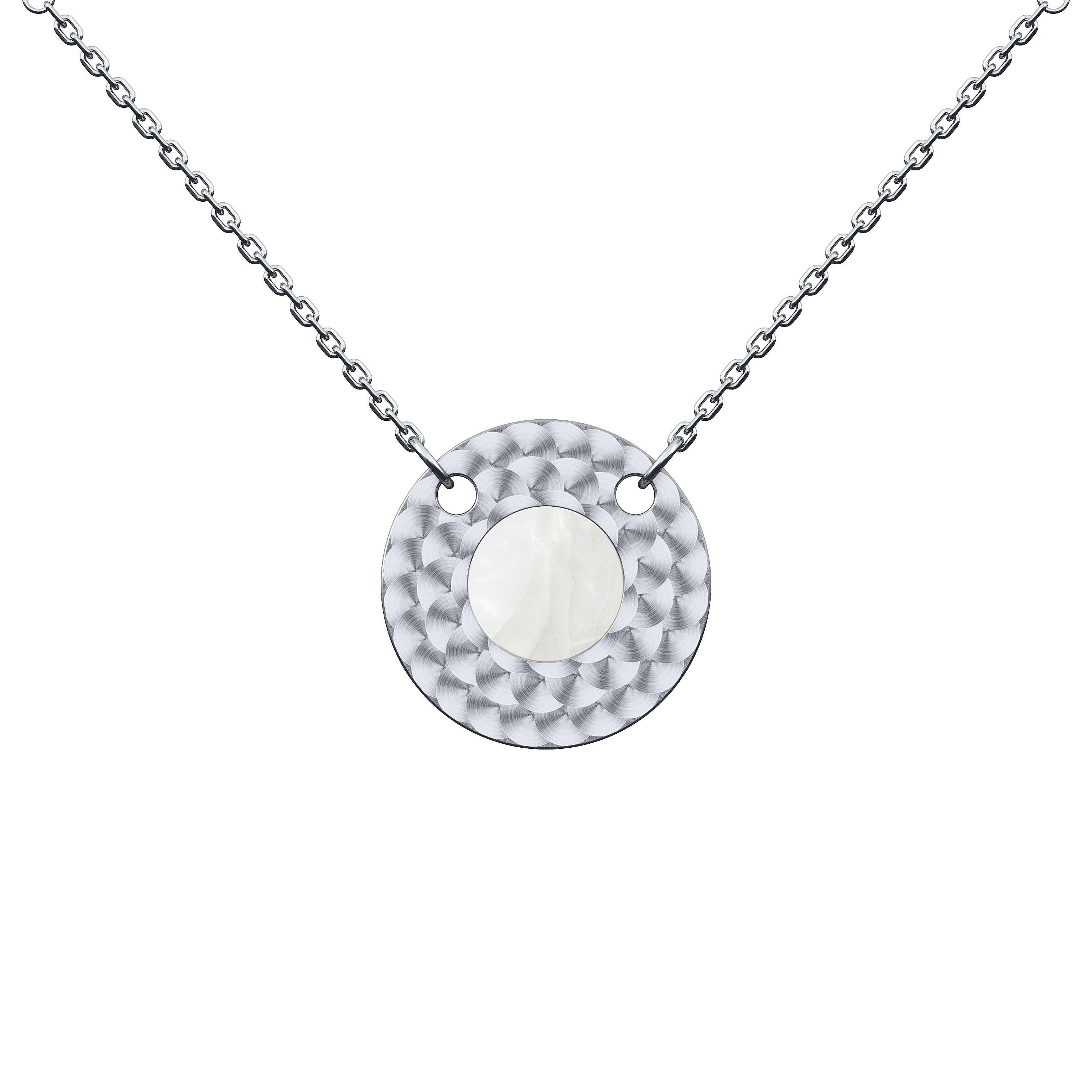 B.R.M Dolce Vita Twice (2 in 1) 18 carats gray gold reversible necklace is an exquisite work of art. It can be worn in two ways. It comes with Reconstituted Turquoise stone on one side, and adorned with mother of pearl, a symbol of serenity on the